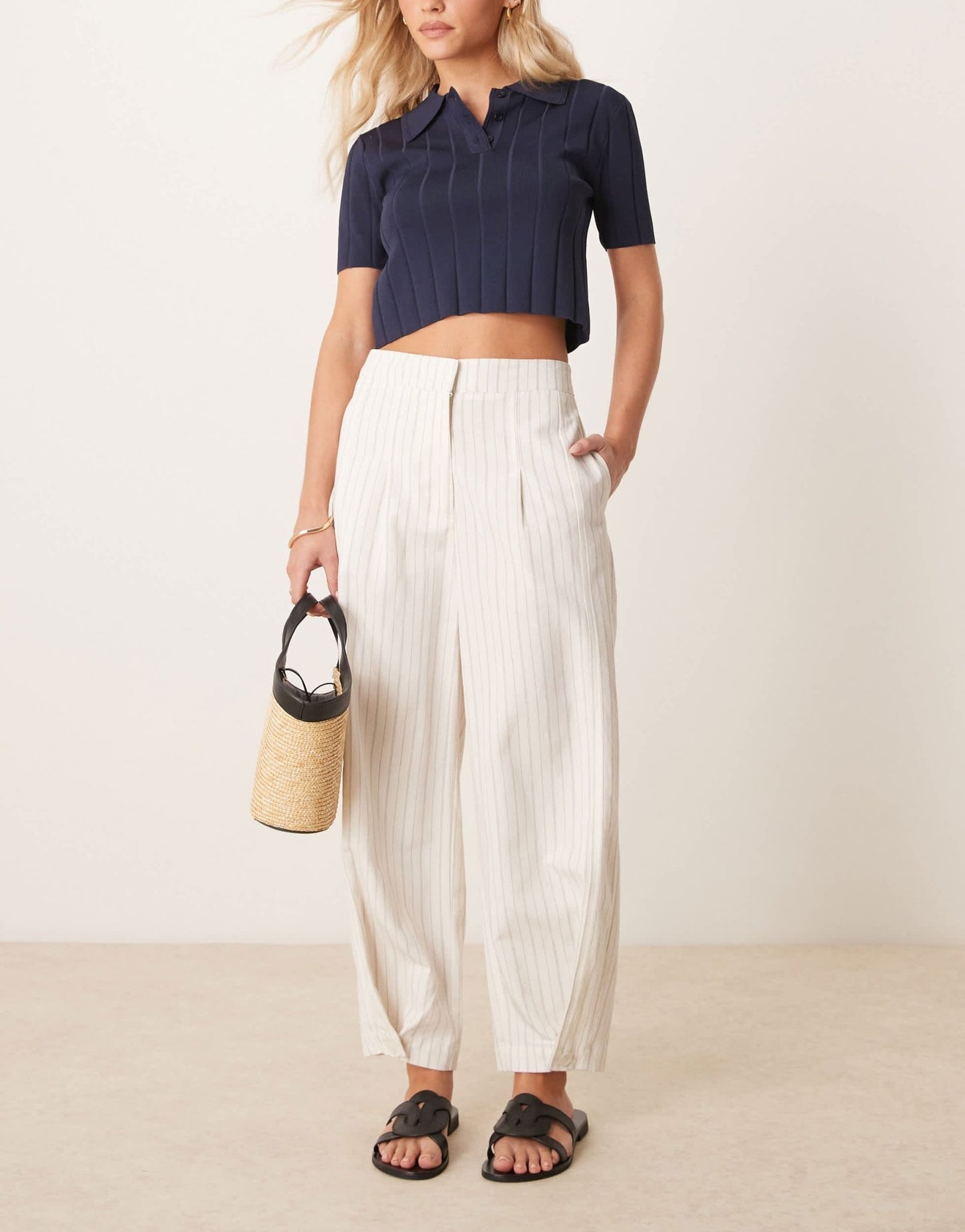 ASOS DESIGN Petite tailored linen trousers with multi way tab hem in ecru stripe - ASOS Sample Sale