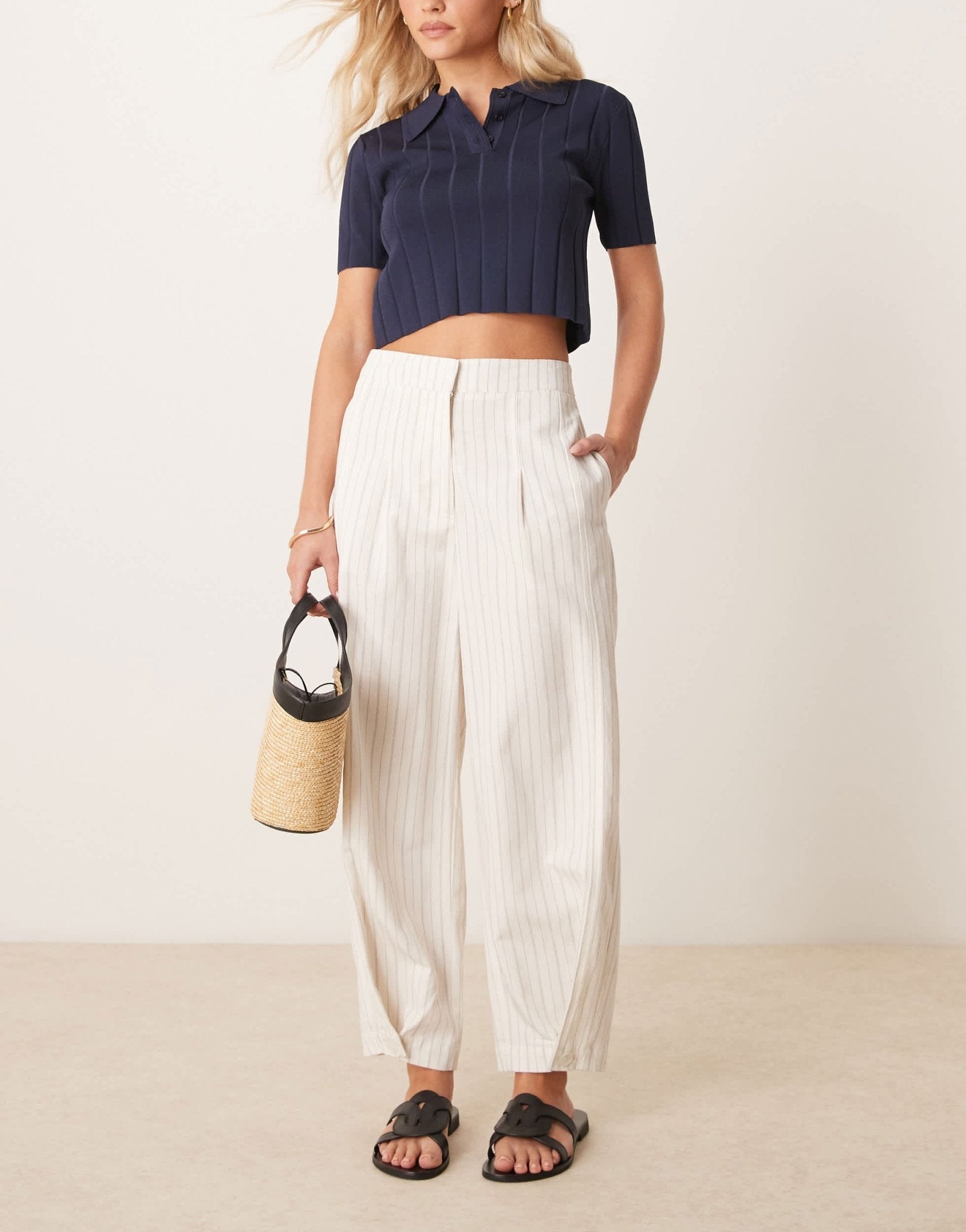 ASOS DESIGN Petite tailored linen trousers with multi way tab hem in ecru stripe - ASOS Sample Sale