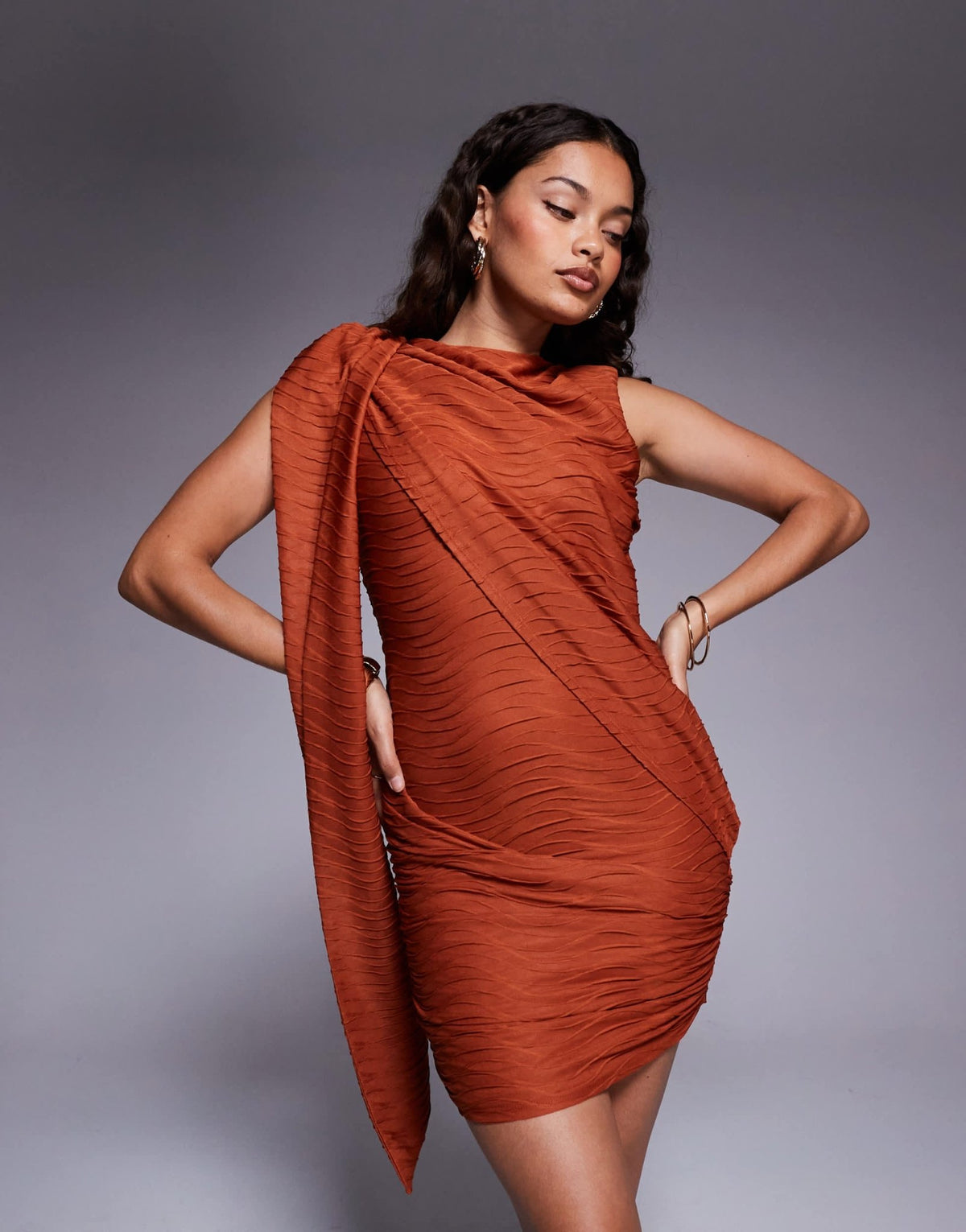 ASOS DESIGN Petite textured slash neck mini dress with draped sash detail in orange - ASOS Sample Sale