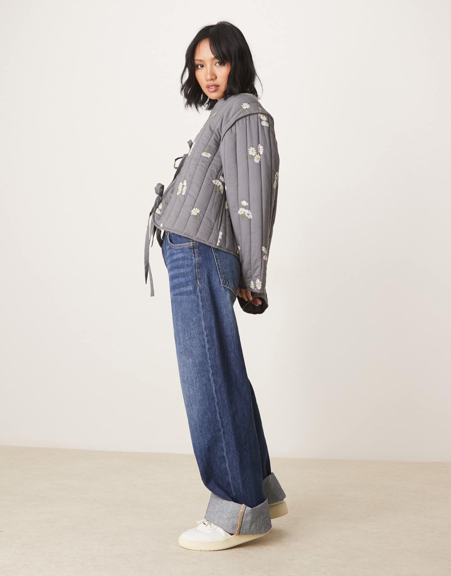 ASOS DESIGN Petite tie front quilted embroidered jacket in washed grey - ASOS Sample Sale