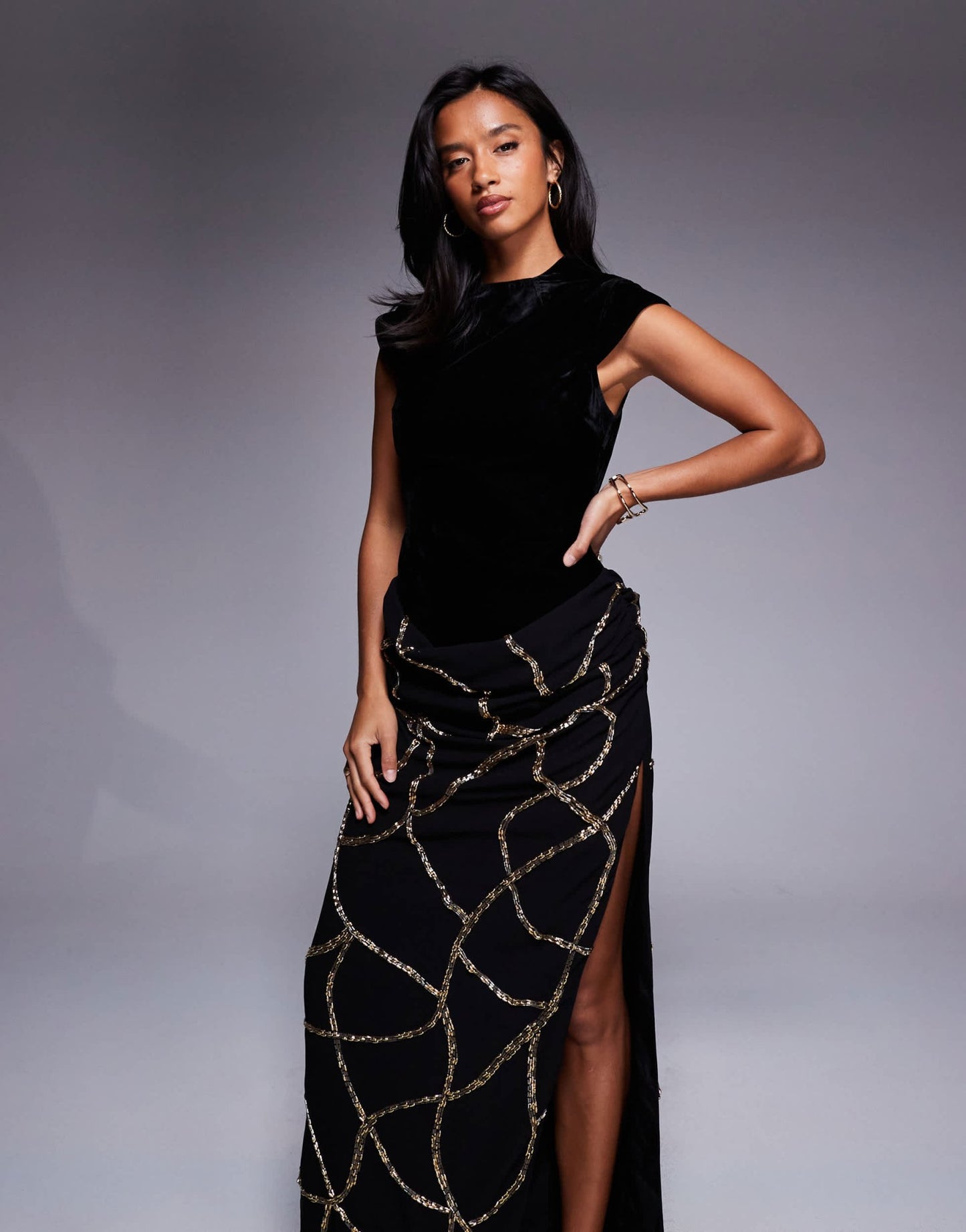 ASOS DESIGN Petite velvet fitted bodice dress with draped embellished skirt overlay in black - ASOS Sample Sale