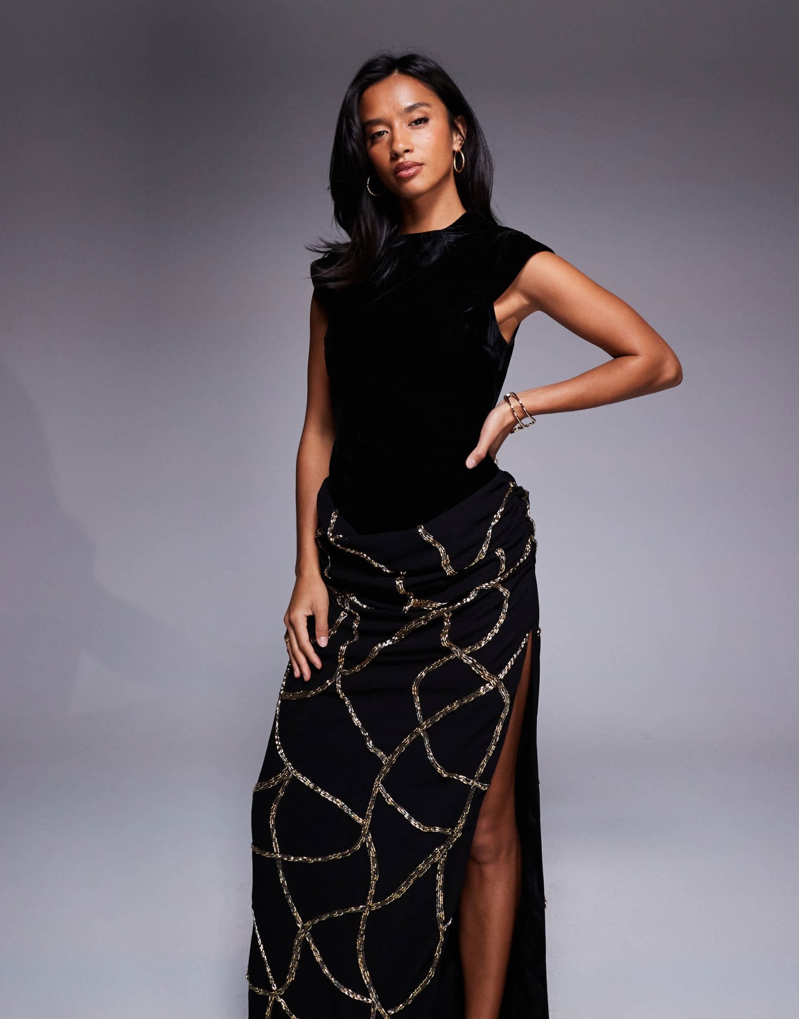 ASOS DESIGN Petite velvet fitted bodice dress with draped embellished skirt overlay in black - ASOS Sample Sale