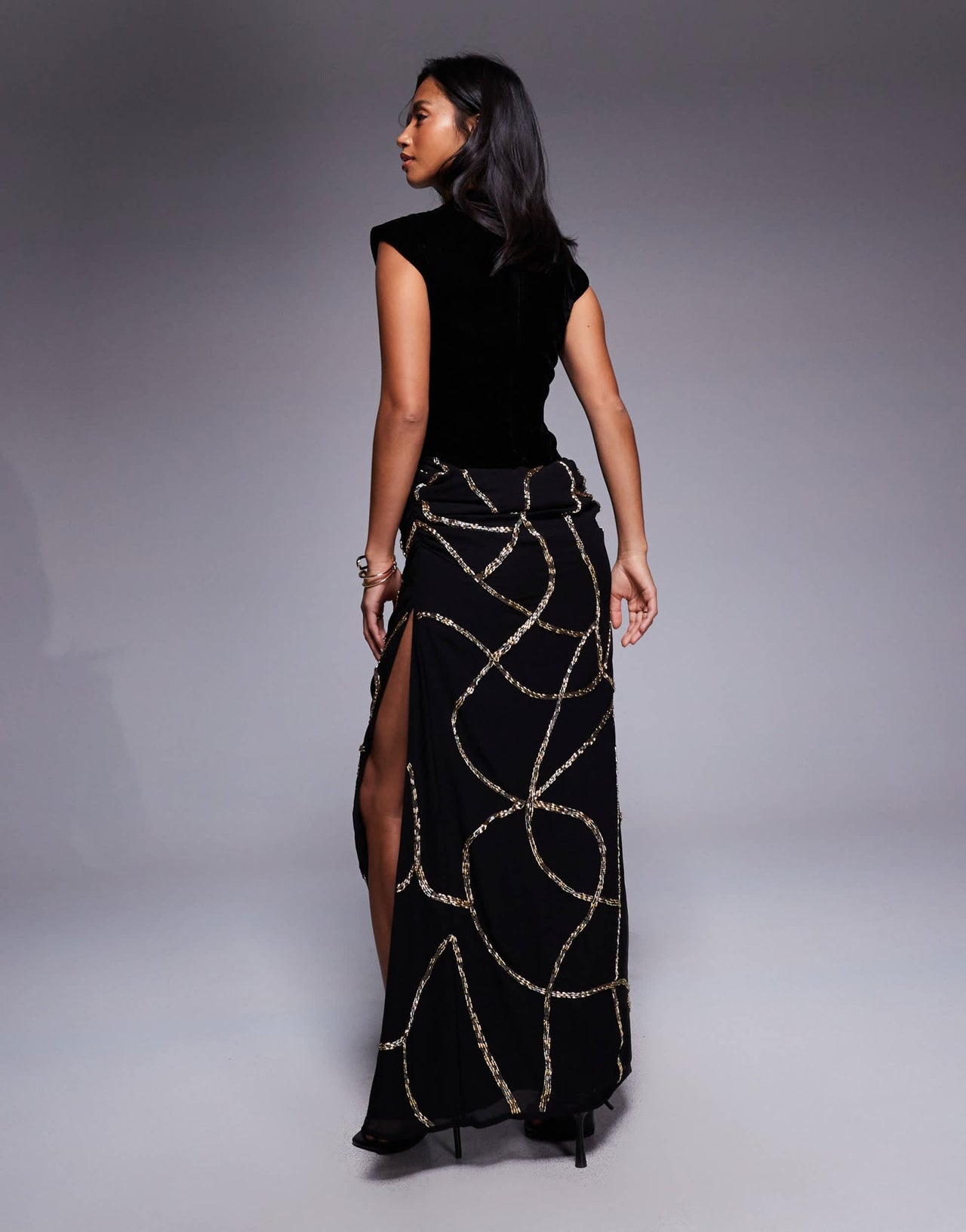 ASOS DESIGN Petite velvet fitted bodice dress with draped embellished skirt overlay in black - ASOS Sample Sale