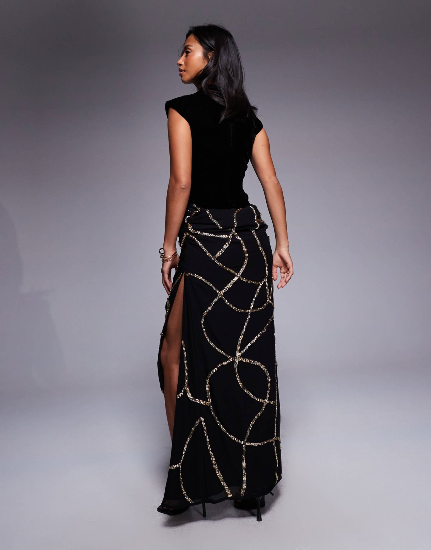 ASOS DESIGN Petite velvet fitted bodice dress with draped embellished skirt overlay in black - ASOS Sample Sale