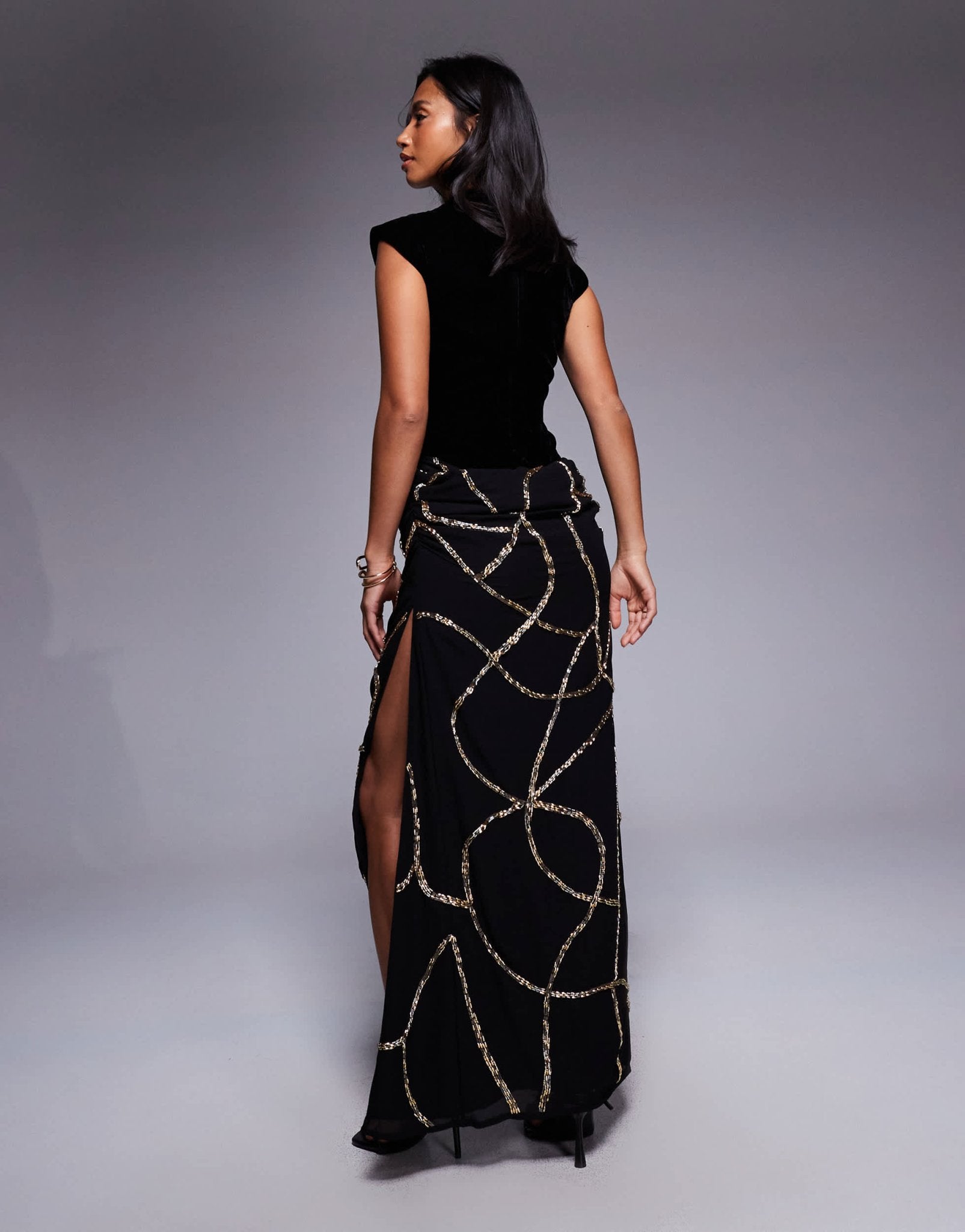 ASOS DESIGN Petite velvet fitted bodice dress with draped embellished skirt overlay in black - ASOS Sample Sale