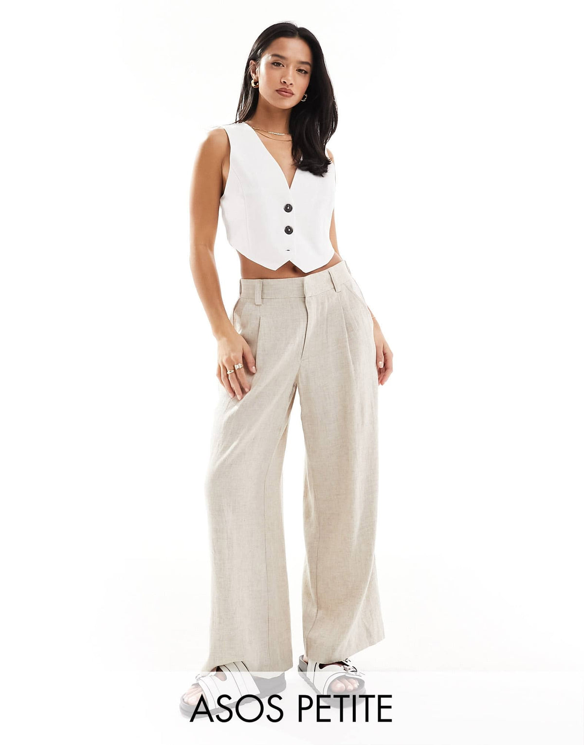 ASOS DESIGN Petite wide leg dad trousers with linen in natural - ASOS Sample Sale