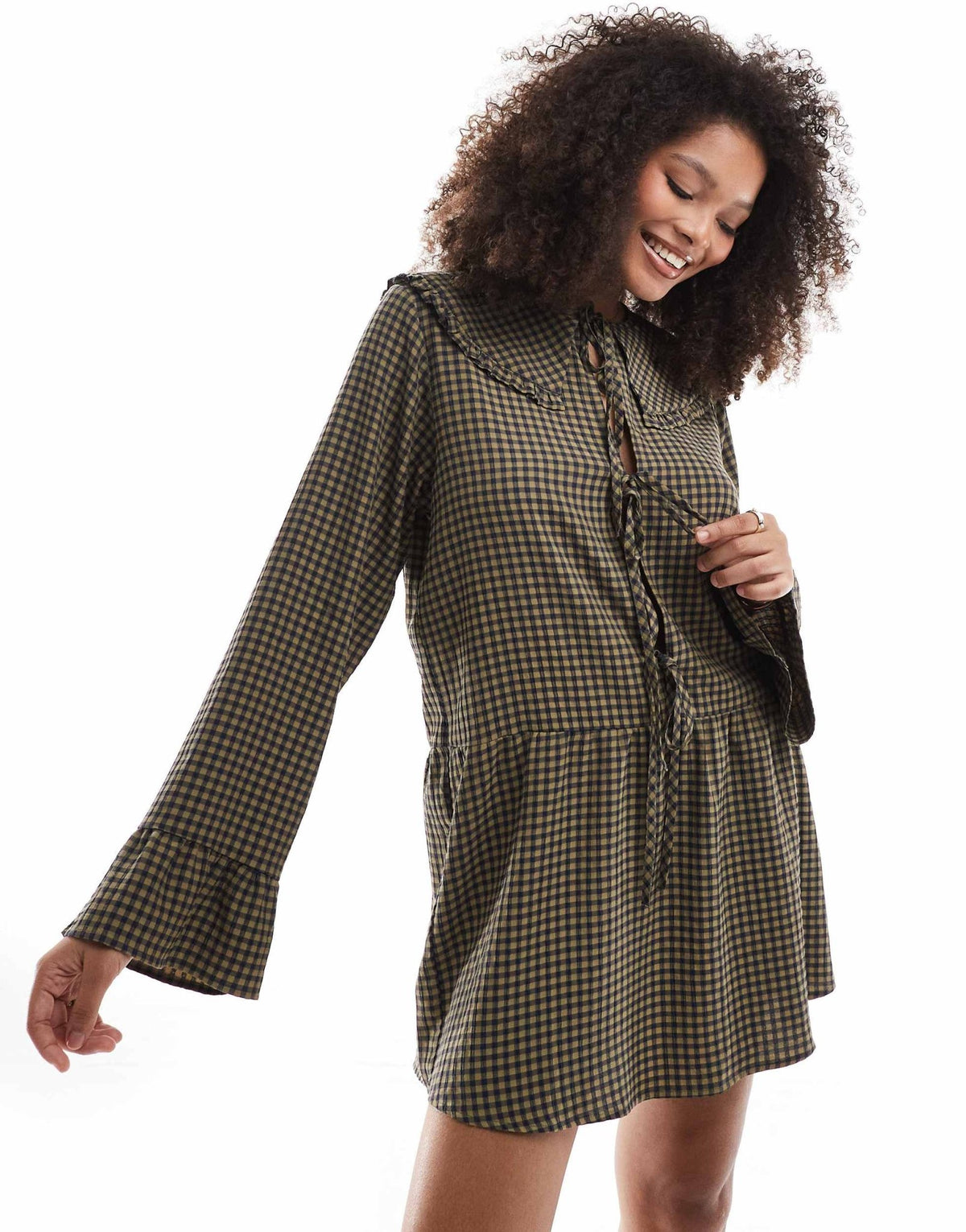 ASOS DESIGN pie crust collar tie front mini dress in khaki gingham - ASOS Sample Sale