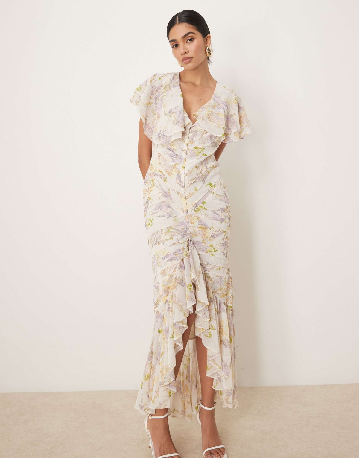 ASOS DESIGN pintuck maxi dress with cape flutter sleeve in wisteria floral print - ASOS Sample Sale