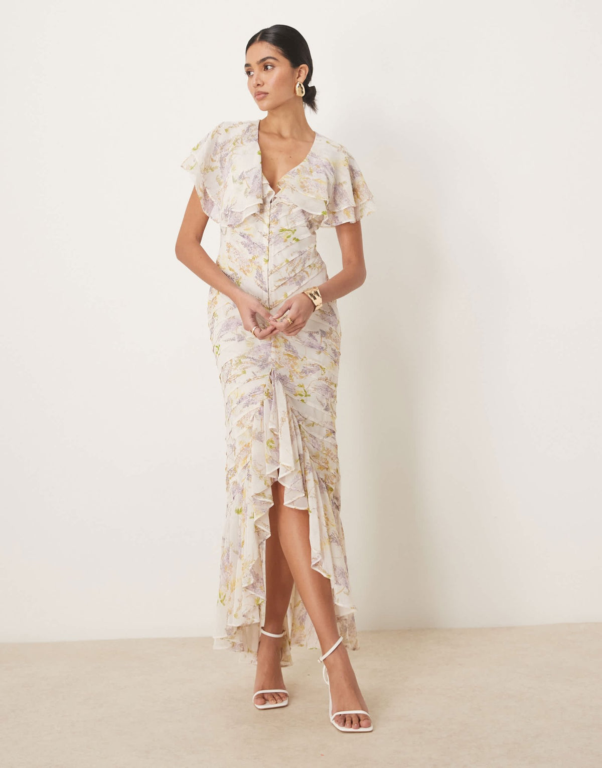 ASOS DESIGN pintuck maxi dress with cape flutter sleeve in wisteria floral print - ASOS Sample Sale