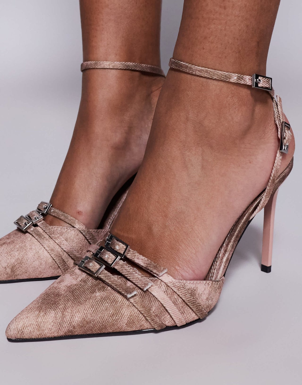 ASOS DESIGN Playdate buckle detail high heeled shoes in pink denim - ASOS Sample Sale