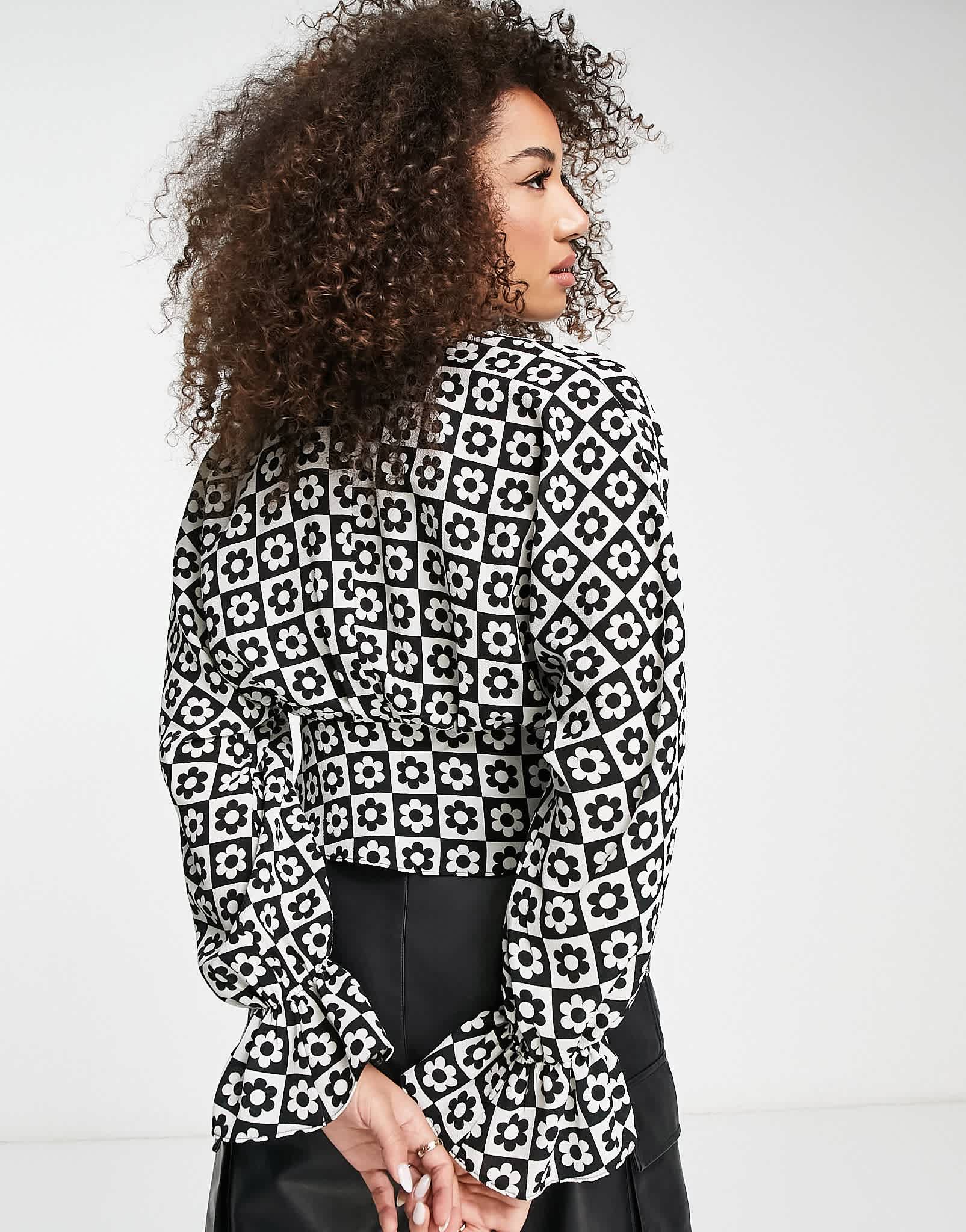 ASOS DESIGN pleat front long sleeve blouse with button front in flower mono check - ASOS Sample Sale