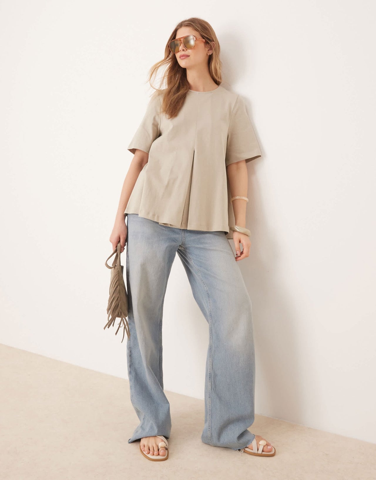 ASOS DESIGN pleat front trapeze t-shirt in light khaki - ASOS Sample Sale