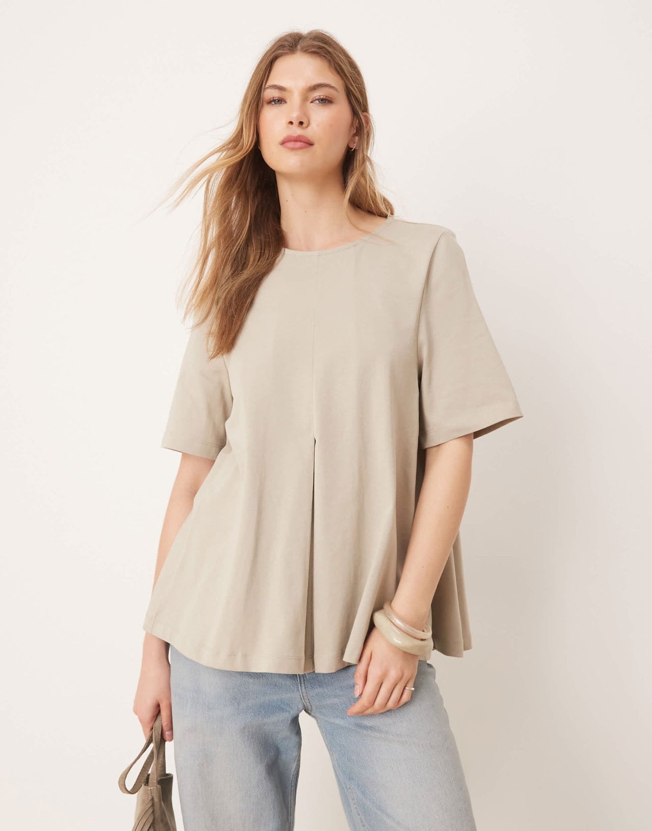 ASOS DESIGN pleat front trapeze t-shirt in light khaki - ASOS Sample Sale
