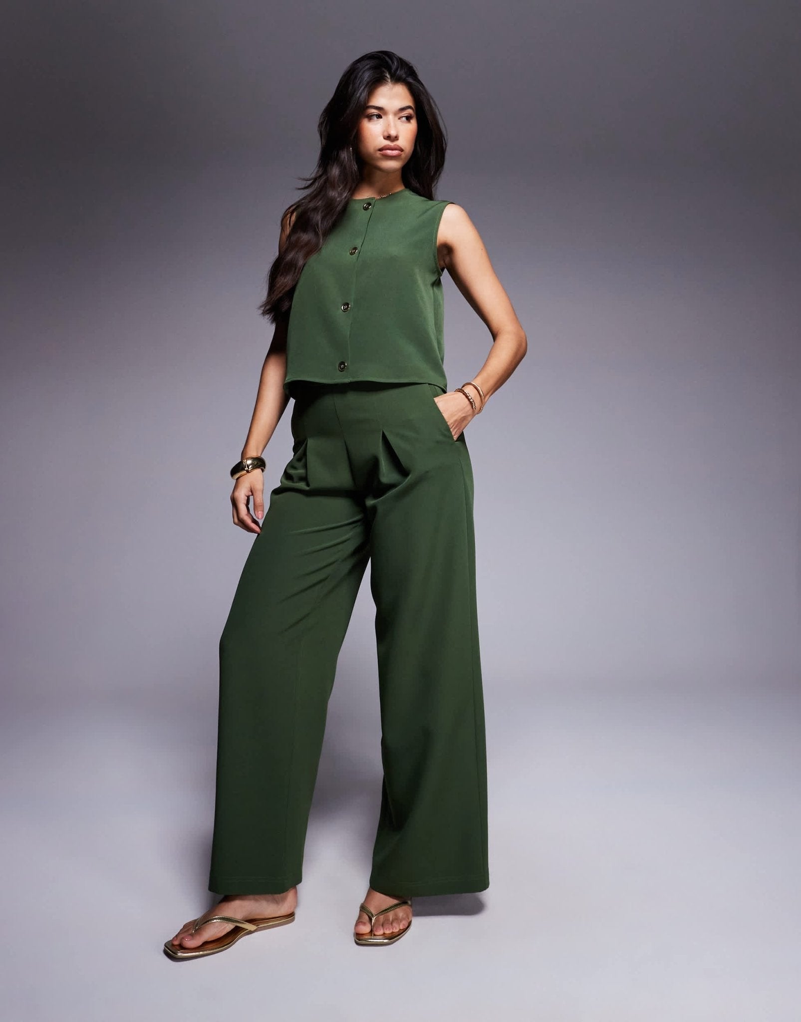 ASOS DESIGN pleat front wide leg co - ord trouser in khaki - ASOS Sample Sale