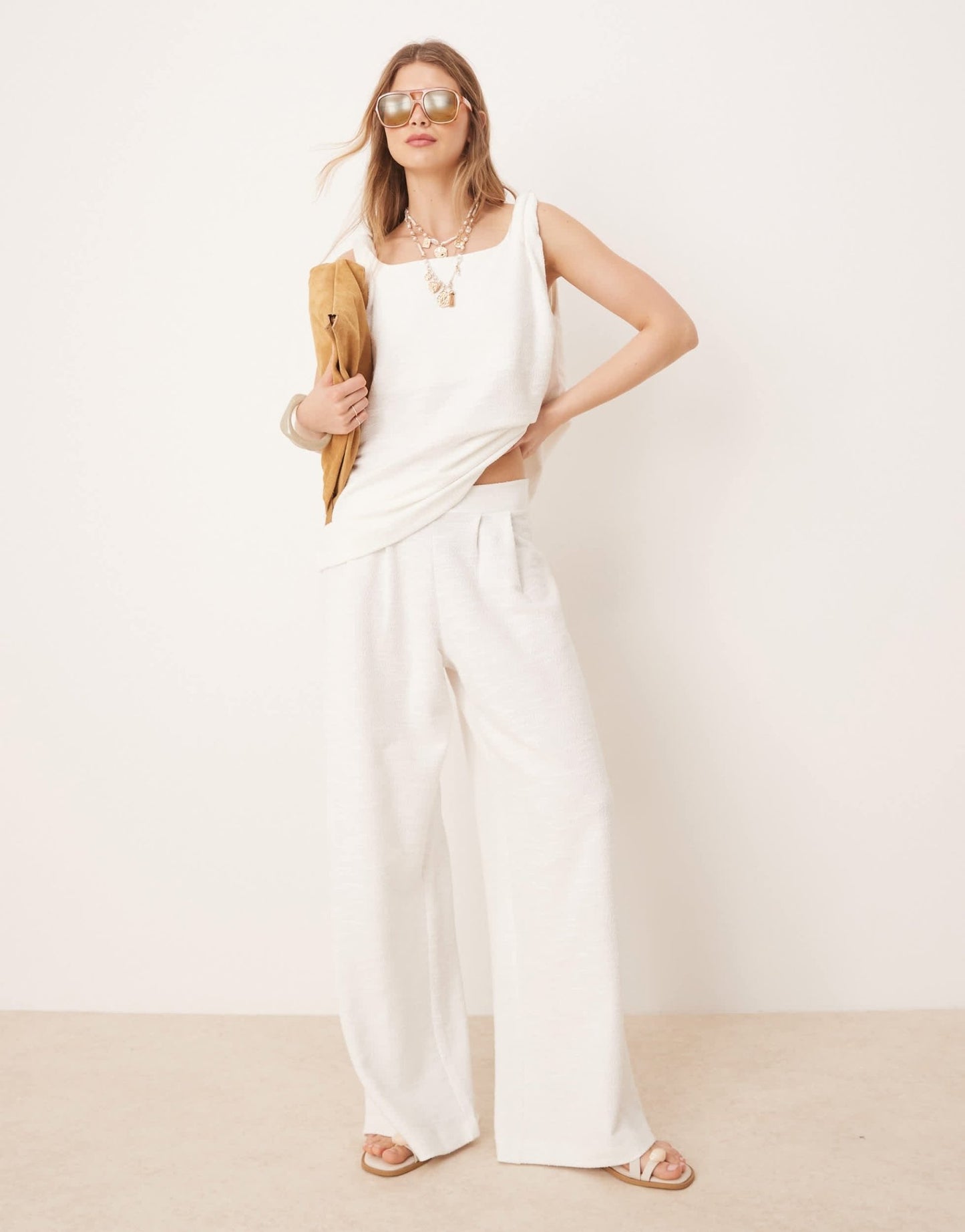 ASOS DESIGN pleat front wide leg trouser in white boucle jersey - ASOS Sample Sale