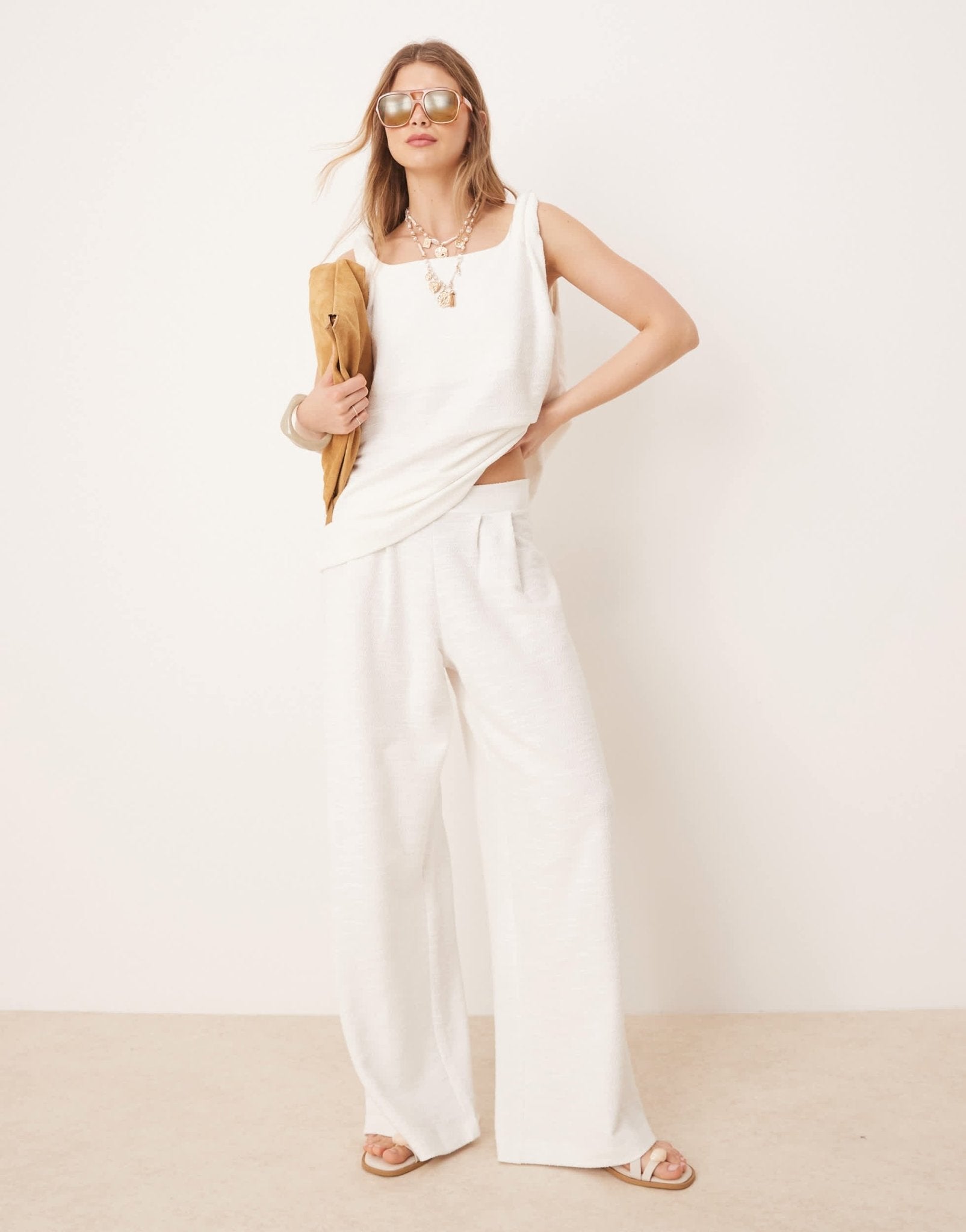 ASOS DESIGN pleat front wide leg trouser in white boucle jersey - ASOS Sample Sale