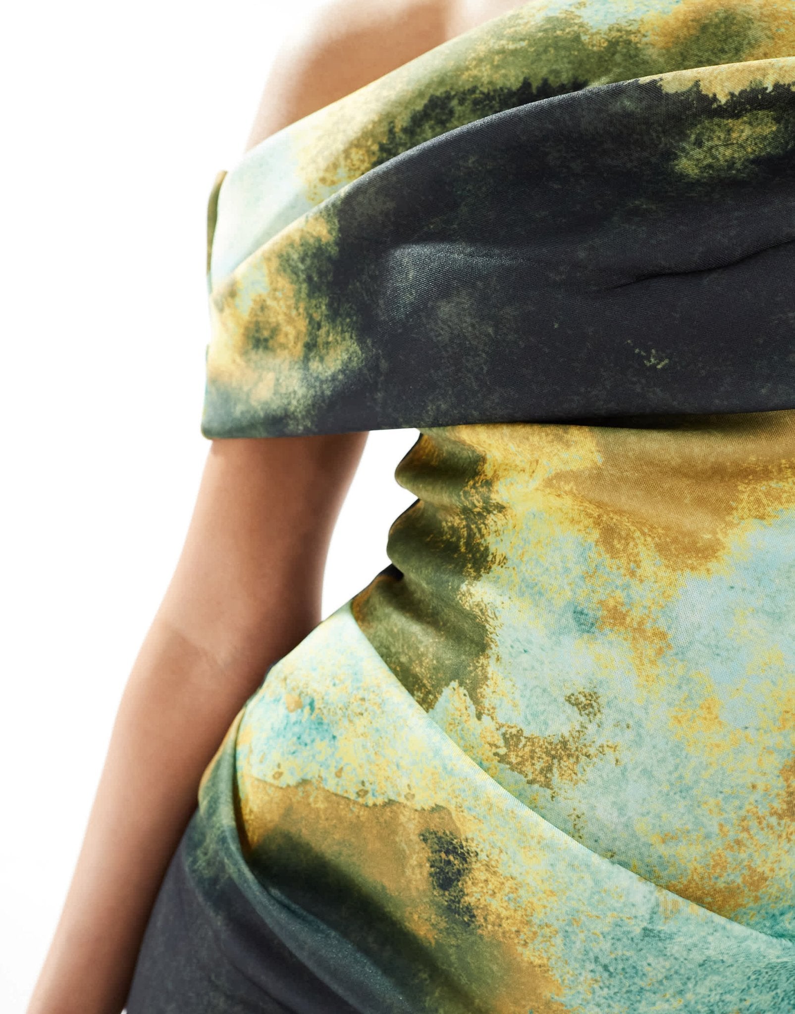 ASOS DESIGN pleated bardot mini dress in green watermark print - ASOS Sample Sale