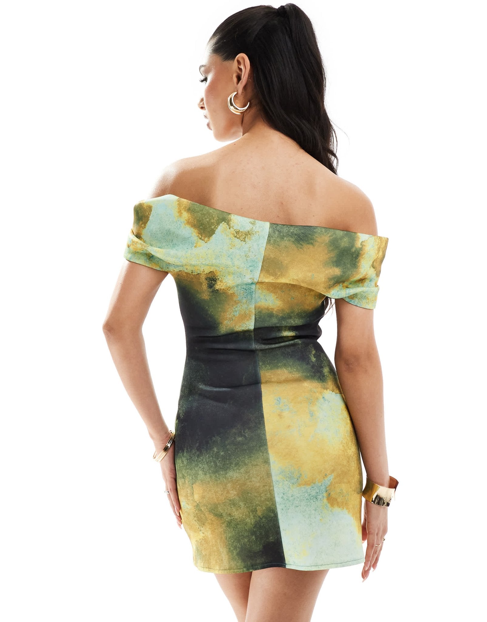 ASOS DESIGN pleated bardot mini dress in green watermark print - ASOS Sample Sale