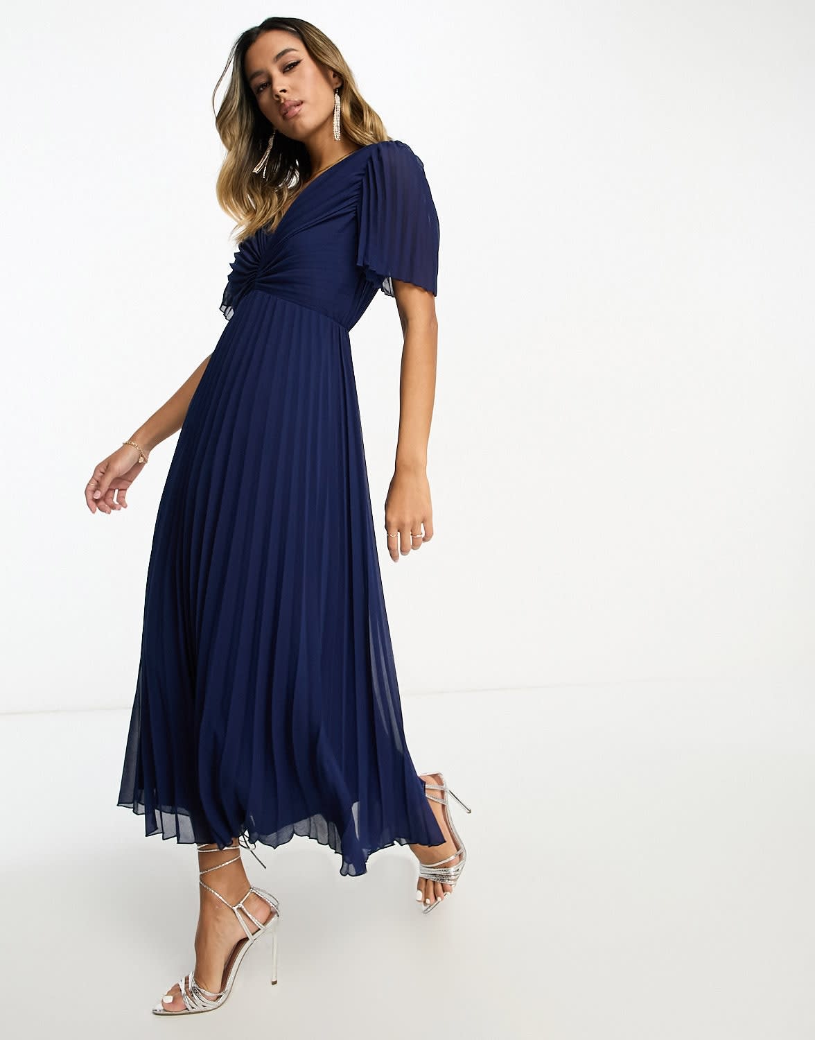 ASOS DESIGN pleated bodice flutter sleeve pleat midi dress in navy - ASOS Sample Sale
