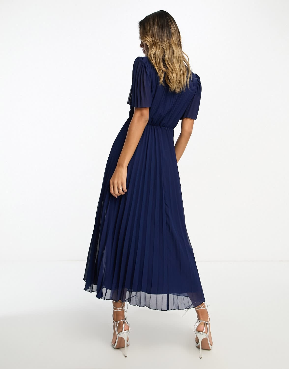 ASOS DESIGN pleated bodice flutter sleeve pleat midi dress in navy - ASOS Sample Sale
