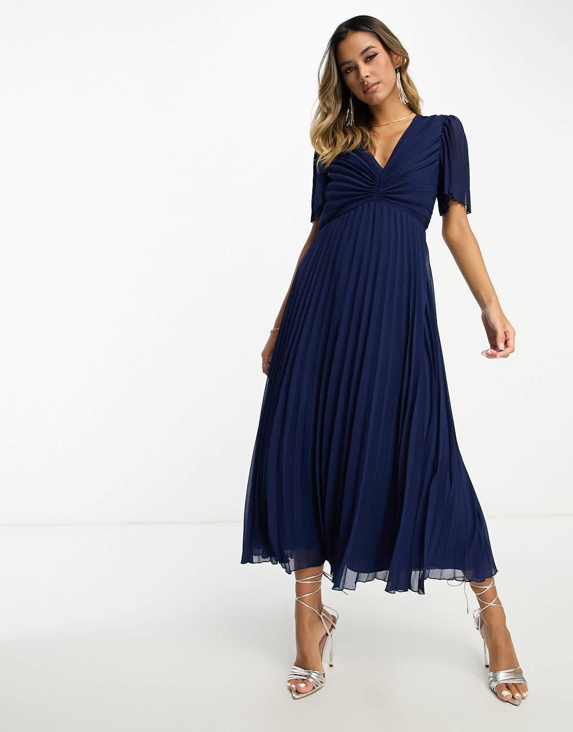 ASOS DESIGN pleated bodice flutter sleeve pleat midi dress in navy - ASOS Sample Sale