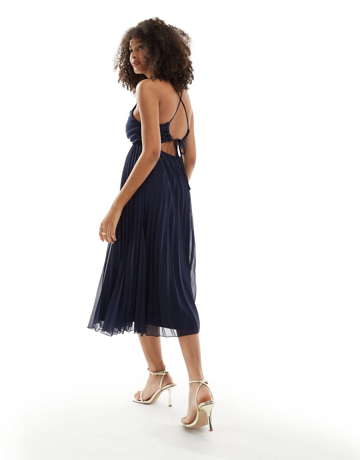 ASOS DESIGN pleated bodice strappy pleat midi dress with tie back detail in navy - ASOS Sample Sale