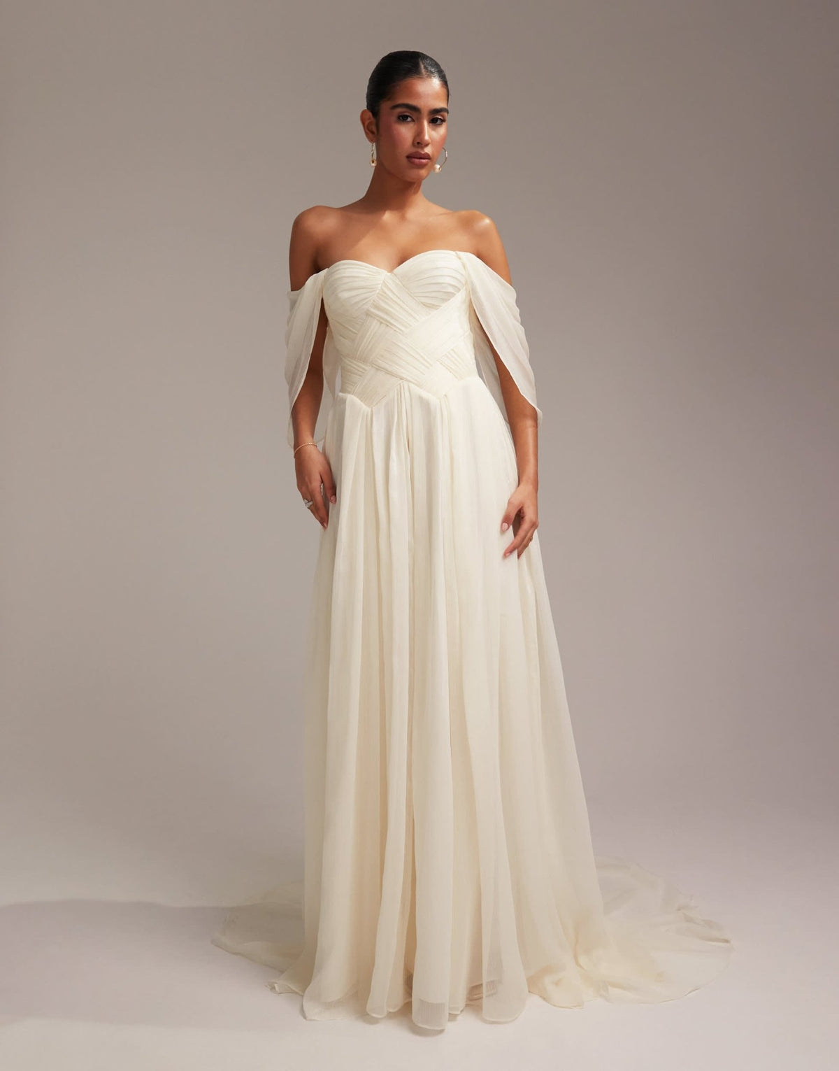 ASOS DESIGN pleated corset maxi wedding dress with draped sleeves in ivory - ASOS Sample Sale