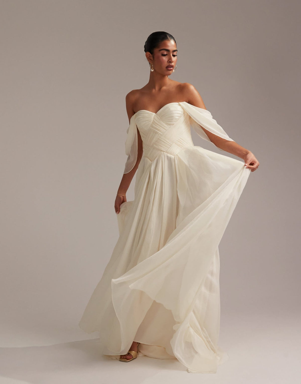 ASOS DESIGN pleated corset maxi wedding dress with draped sleeves in ivory - ASOS Sample Sale