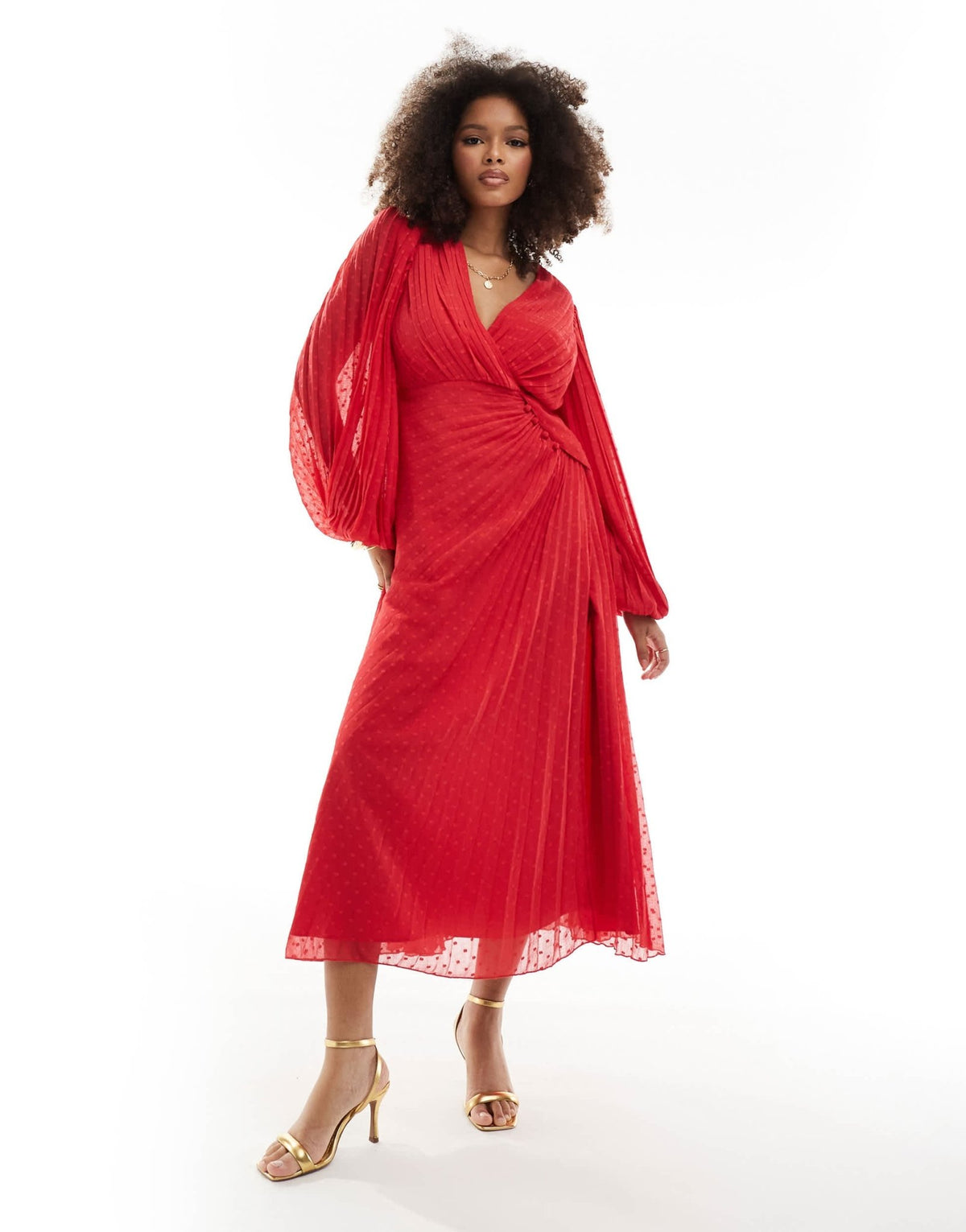 ASOS DESIGN pleated dobby chiffon wrap button detail maxi dress in red - ASOS Sample Sale