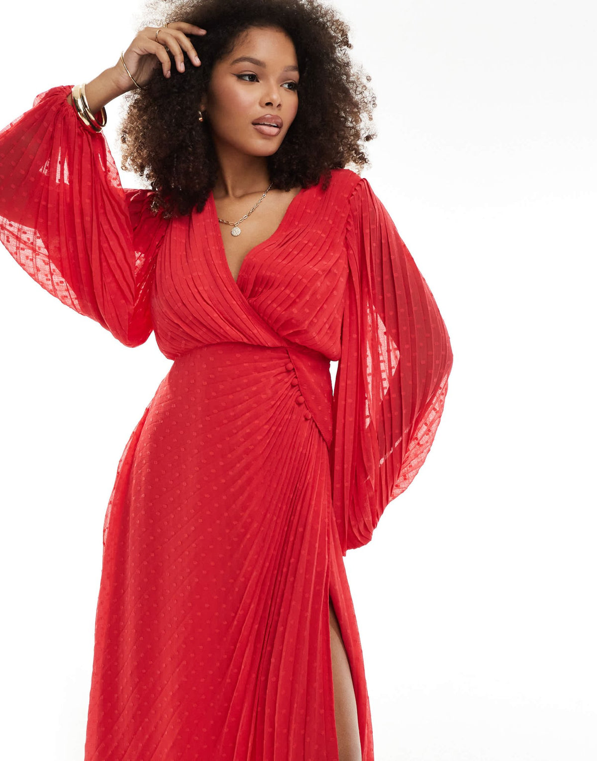 ASOS DESIGN pleated dobby chiffon wrap button detail maxi dress in red - ASOS Sample Sale