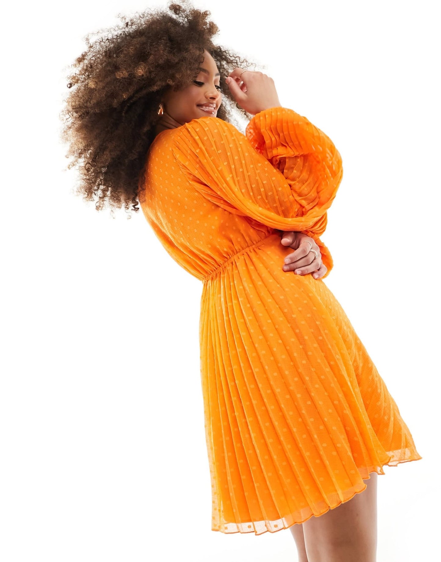 ASOS DESIGN pleated dobby chiffon wrap button detail mini dress in bright orange - ASOS Sample Sale
