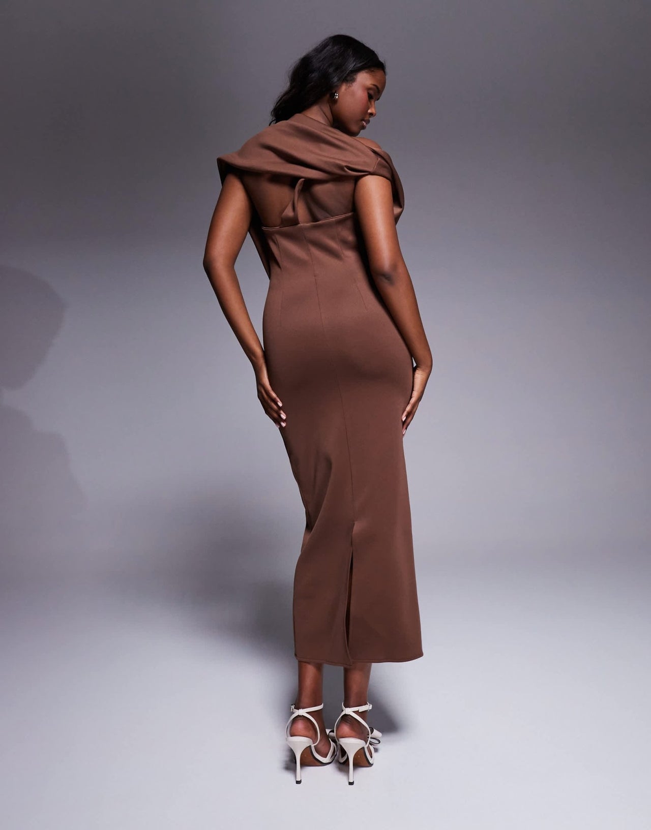 ASOS DESIGN pleated fallen shoulder midaxi dress with asymmetric back in chocolate in scuba - style fabric - ASOS Sample Sale