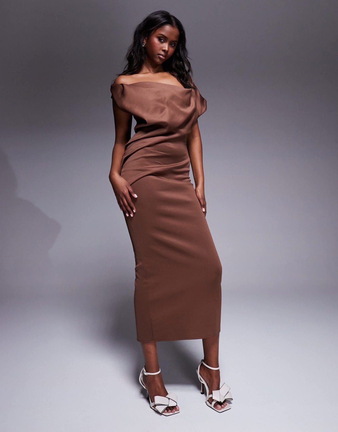 ASOS DESIGN pleated fallen shoulder midaxi dress with asymmetric back in chocolate in scuba - style fabric - ASOS Sample Sale