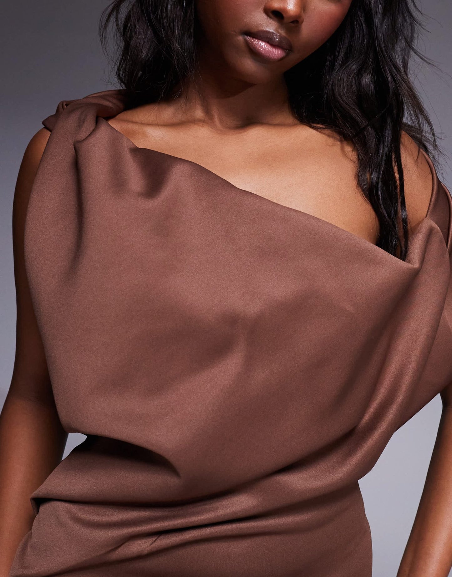 ASOS DESIGN pleated fallen shoulder midaxi dress with asymmetric back in chocolate in scuba - style fabric - ASOS Sample Sale