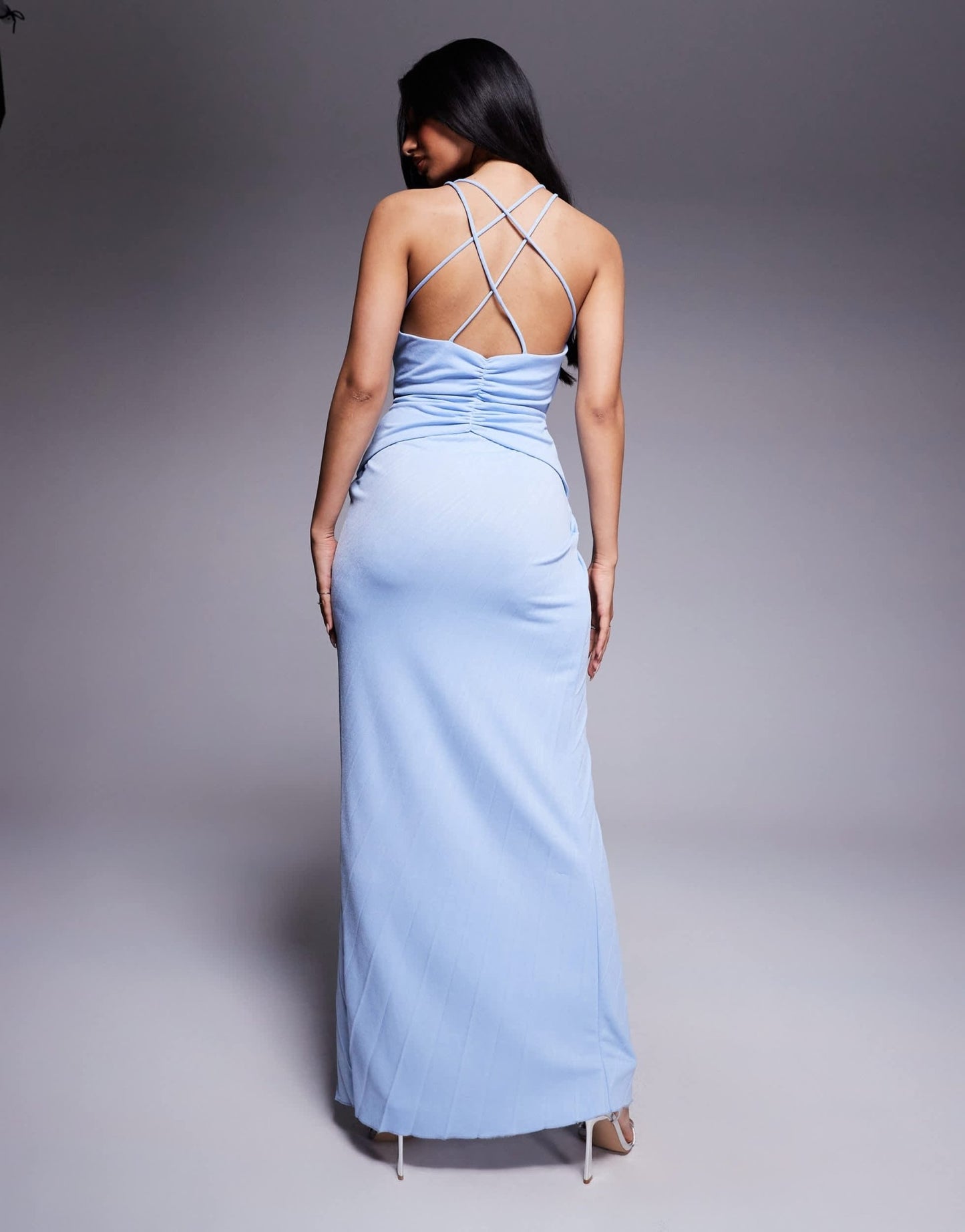 ASOS DESIGN pleated plunge maxi dress with cinched waist and strappy back in light blue