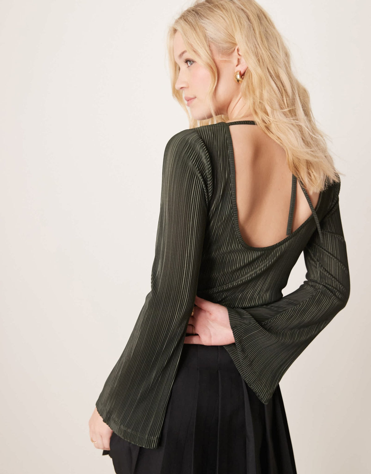 ASOS DESIGN plisse angel sleeve slash neck top in olive - ASOS Sample Sale