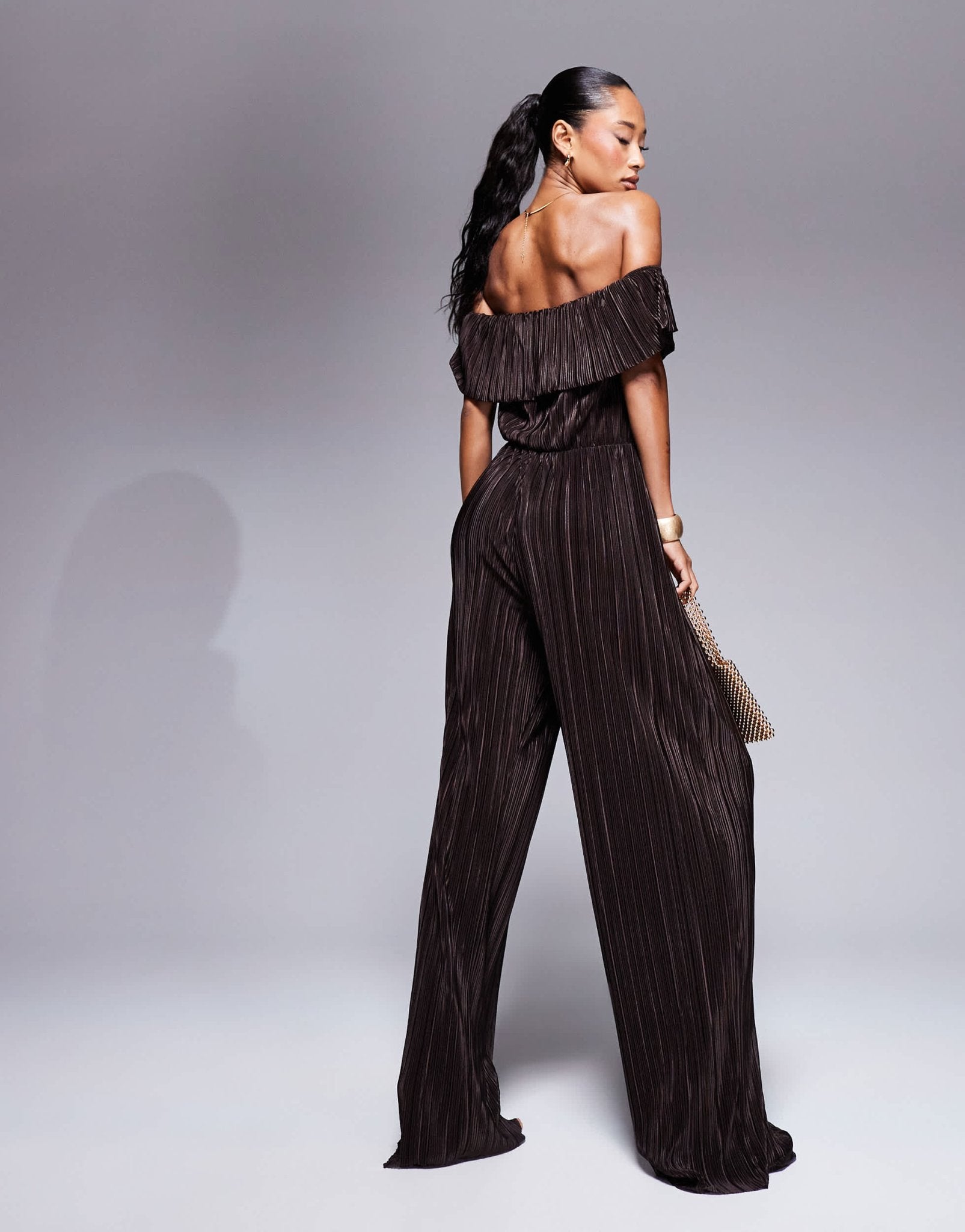ASOS DESIGN plisse bardot wide leg jumpsuit in chocolate - ASOS Sample Sale