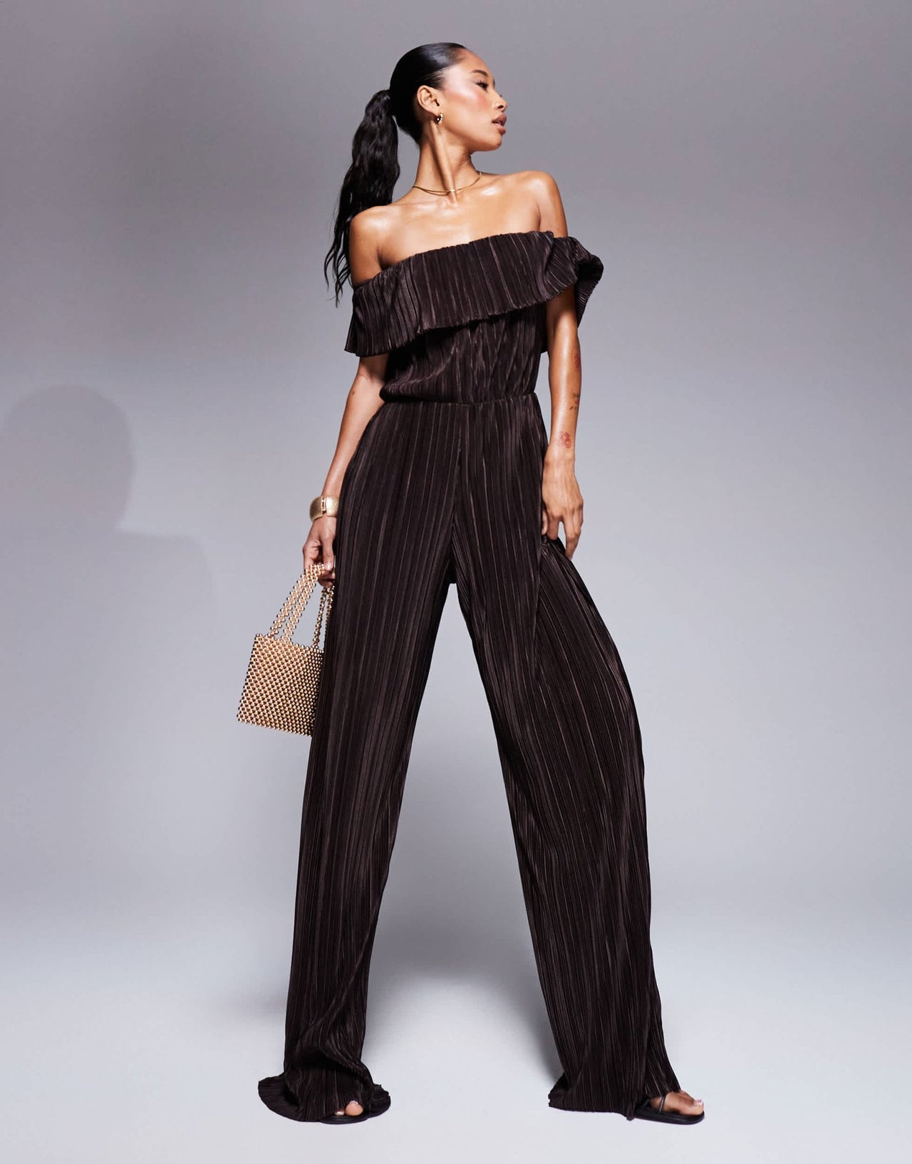 ASOS DESIGN plisse bardot wide leg jumpsuit in chocolate - ASOS Sample Sale