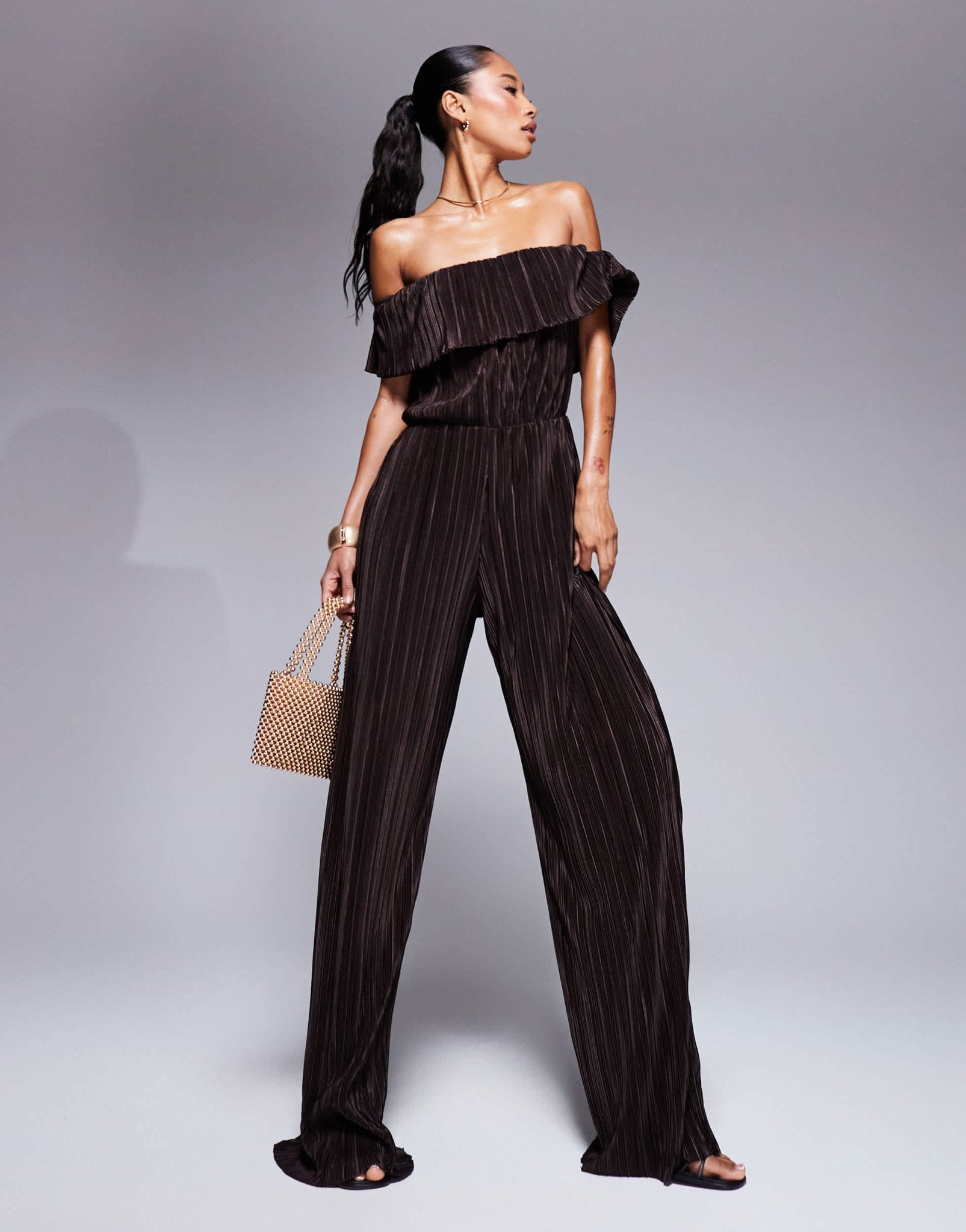 ASOS DESIGN plisse bardot wide leg jumpsuit in chocolate - ASOS Sample Sale