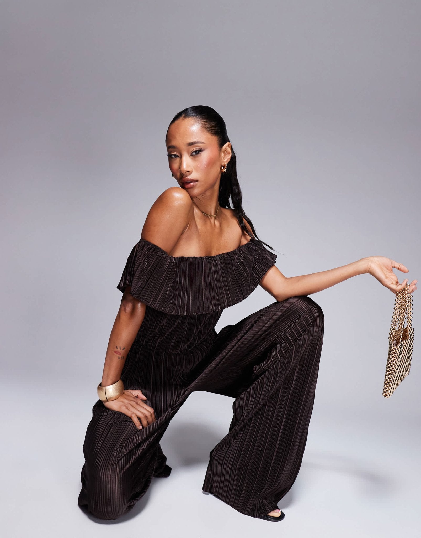 ASOS DESIGN plisse bardot wide leg jumpsuit in chocolate - ASOS Sample Sale