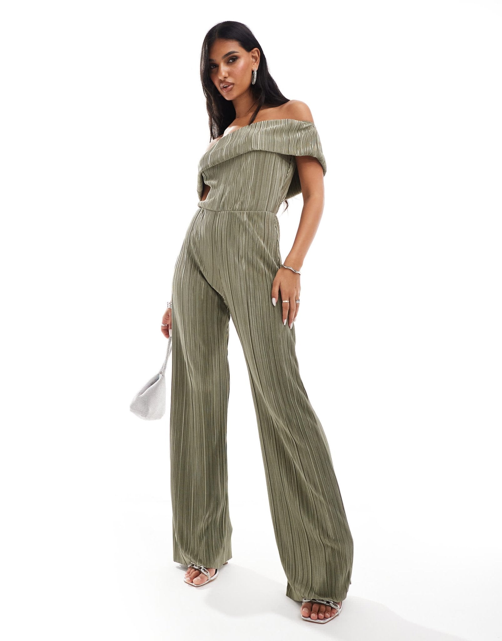 ASOS DESIGN plisse bardot wide leg jumpsuit in khaki - ASOS Sample Sale