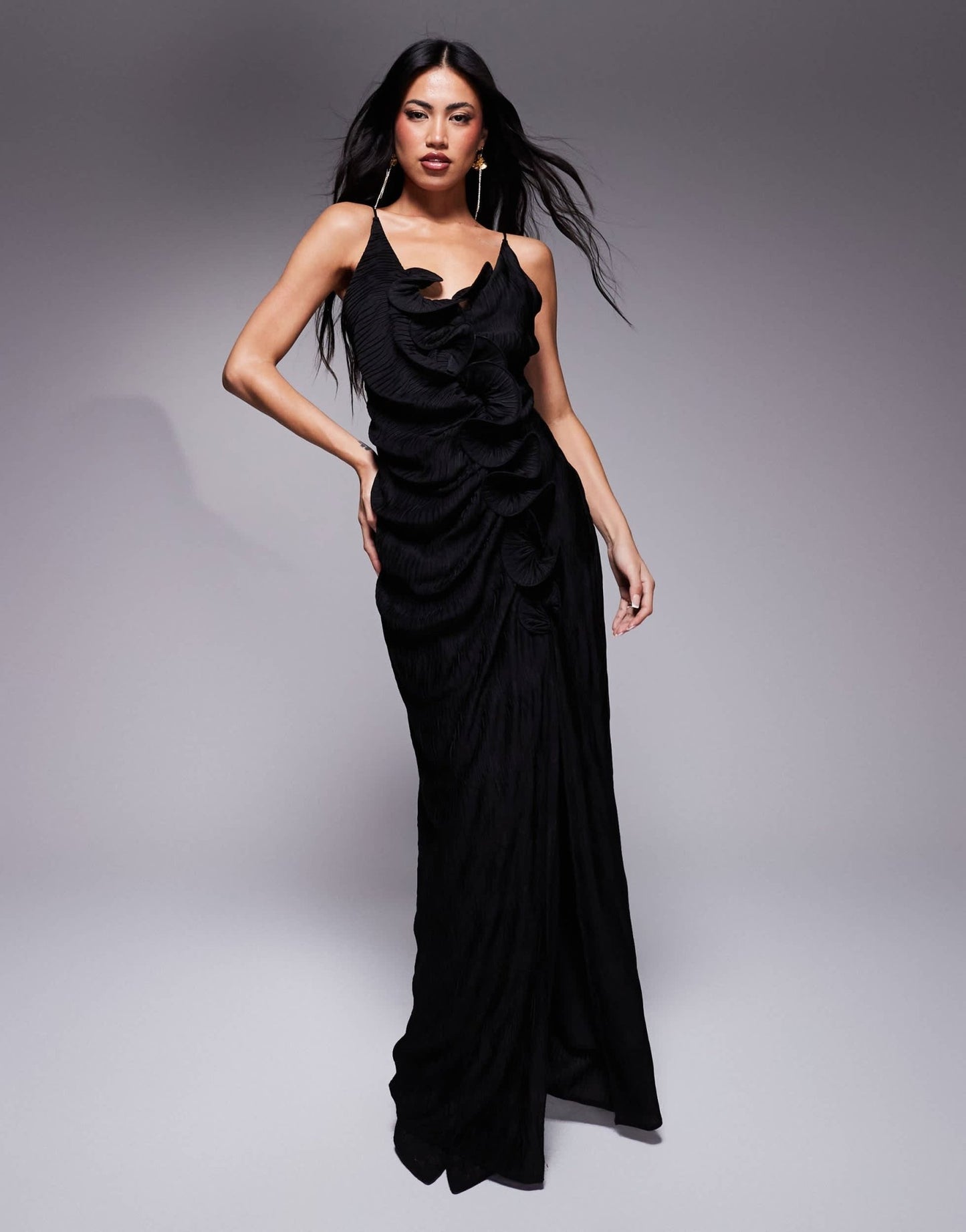 ASOS DESIGN plisse cami maxi dress with waterfall corsage ruffle in black - ASOS Sample Sale