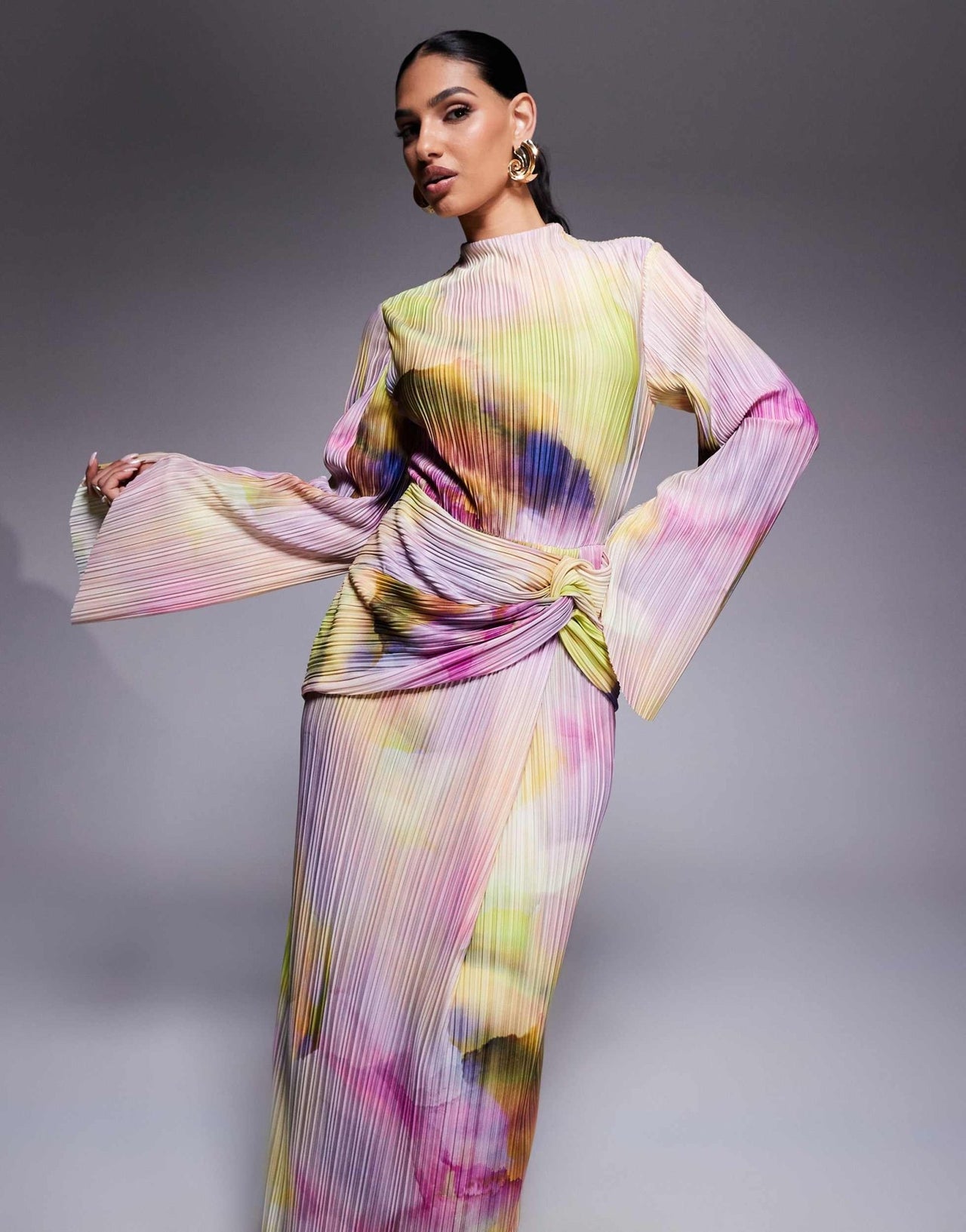 ASOS DESIGN plisse drape long sleeve maxi dress in pastel blurred print - ASOS Sample Sale
