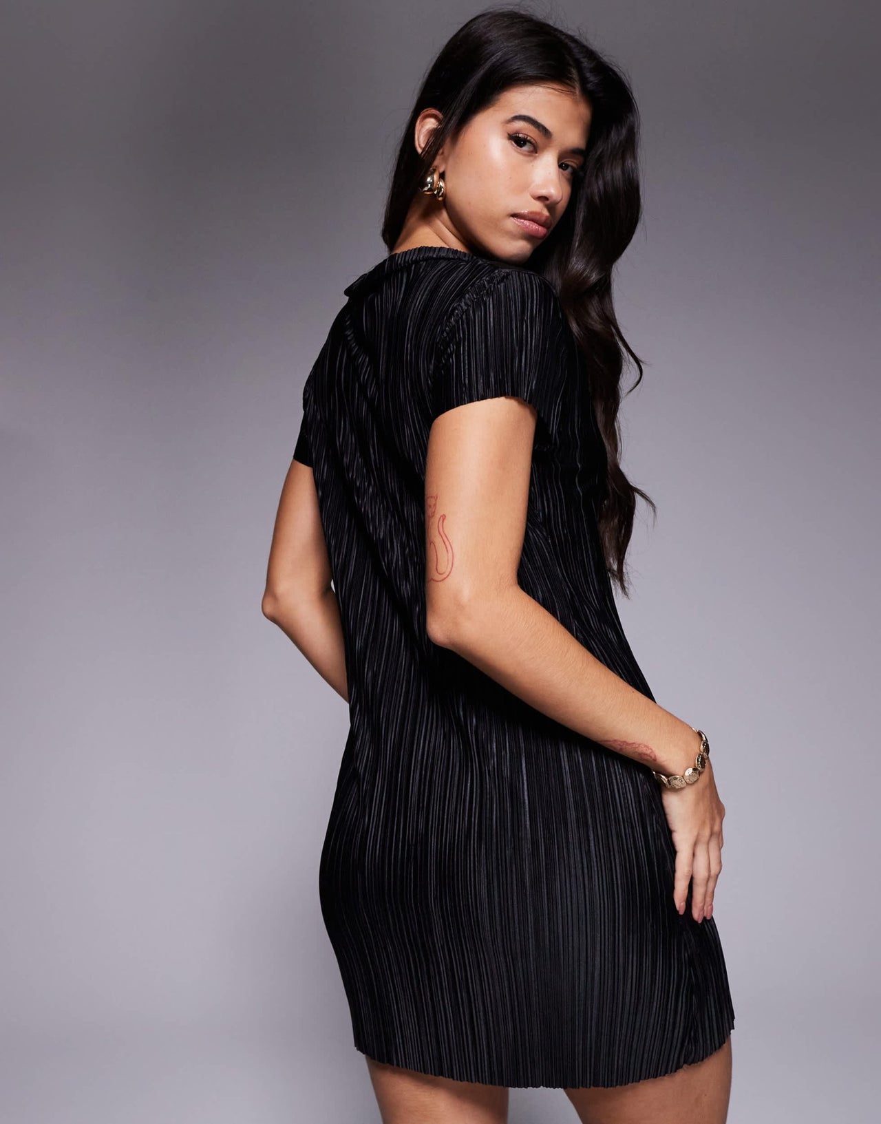 ASOS DESIGN plisse short sleeve button down mini dress in black - ASOS Sample Sale