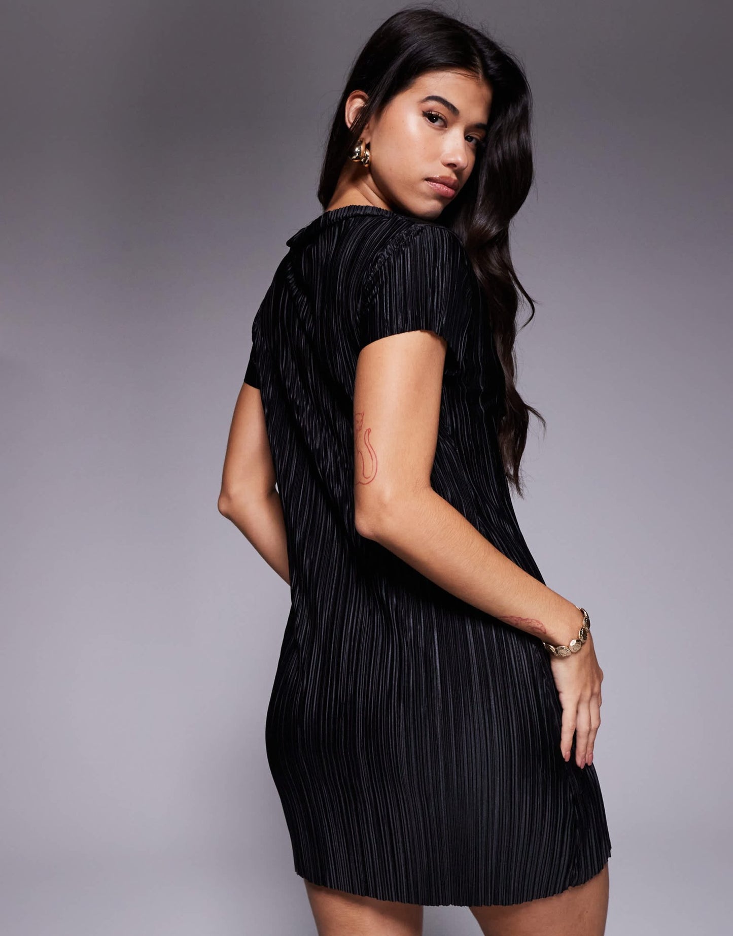 ASOS DESIGN plisse short sleeve button down mini dress in black - ASOS Sample Sale