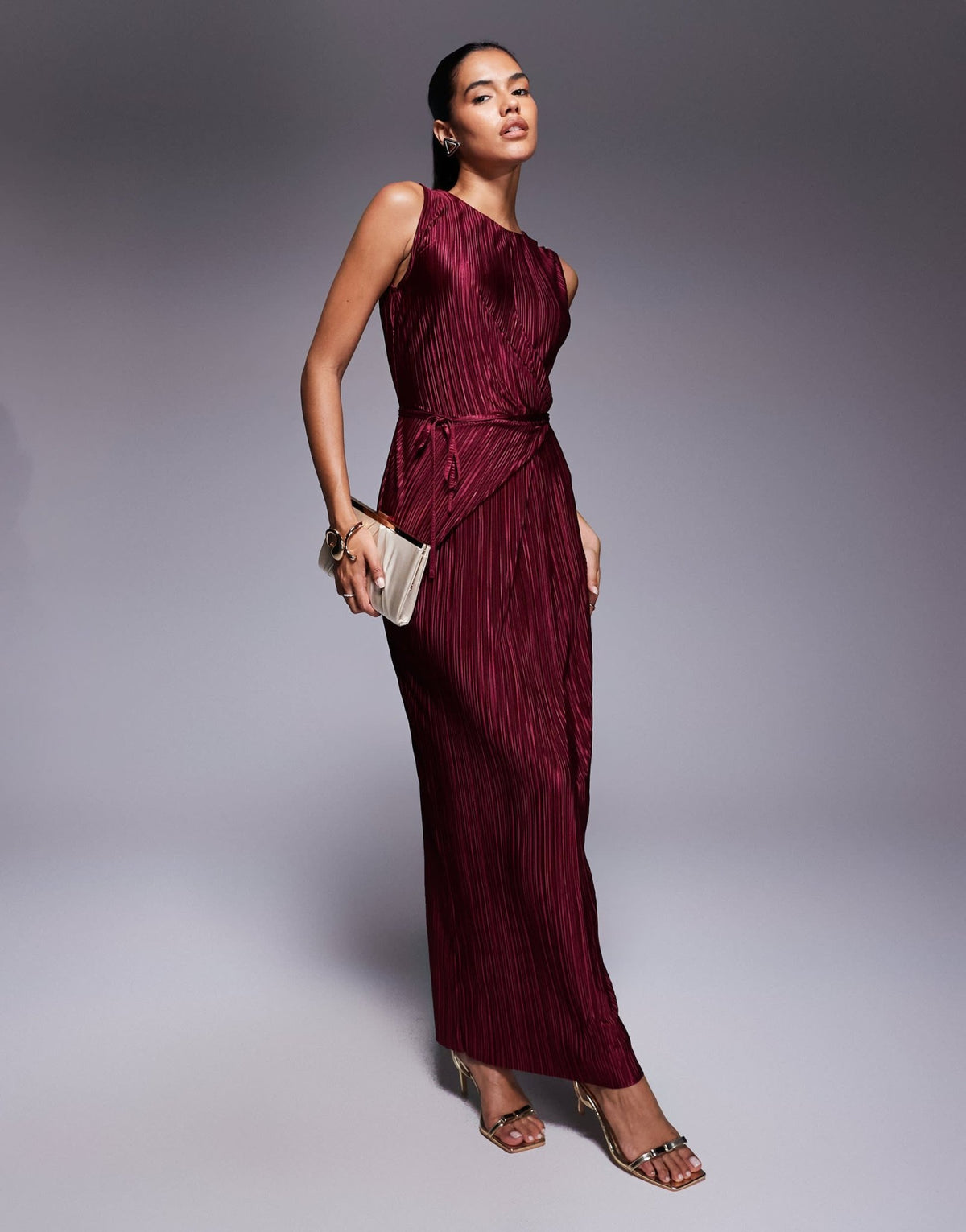ASOS DESIGN plisse sleeveless wrap tie front maxi dress in wine - ASOS Sample Sale