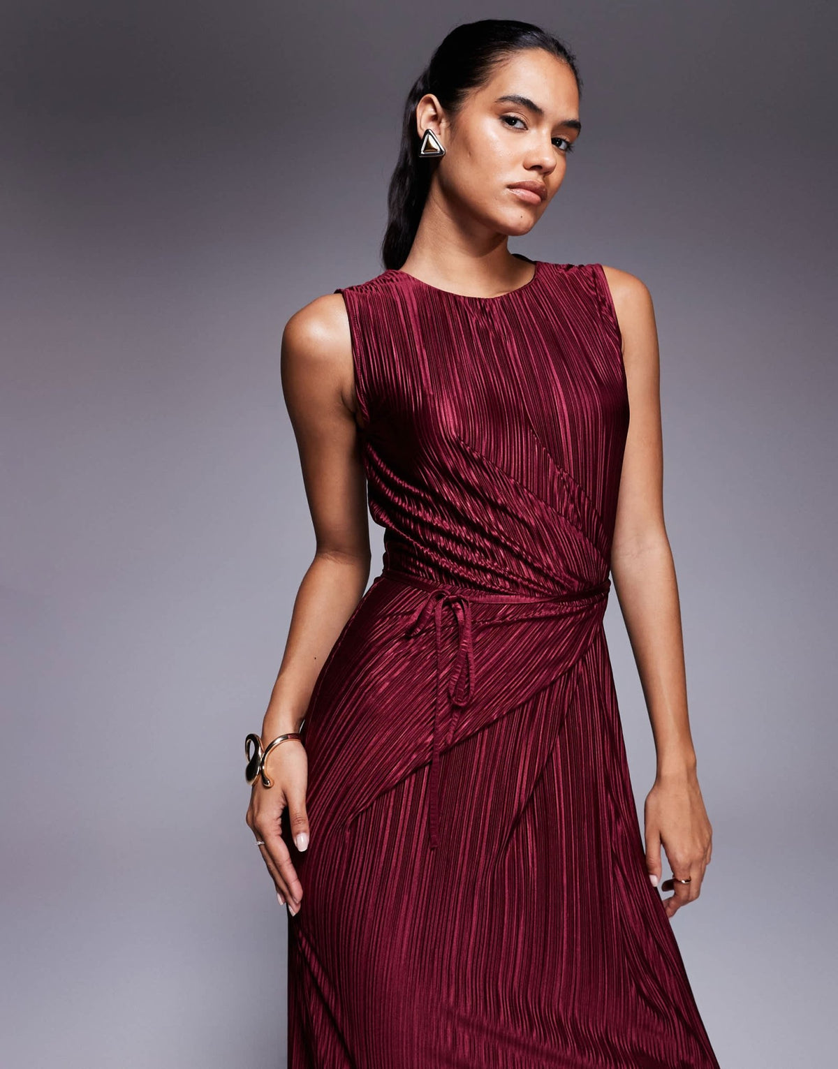 ASOS DESIGN plisse sleeveless wrap tie front maxi dress in wine - ASOS Sample Sale