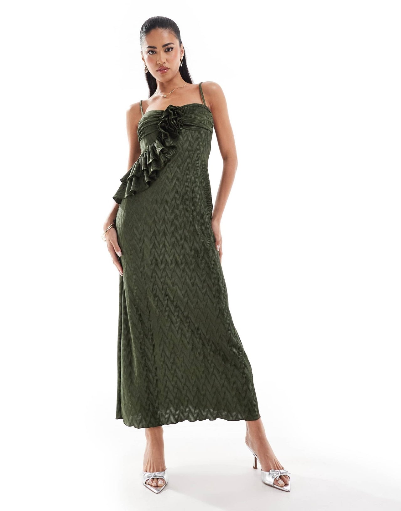ASOS DESIGN plisse strappy frill detail midi dress with corsage in kha