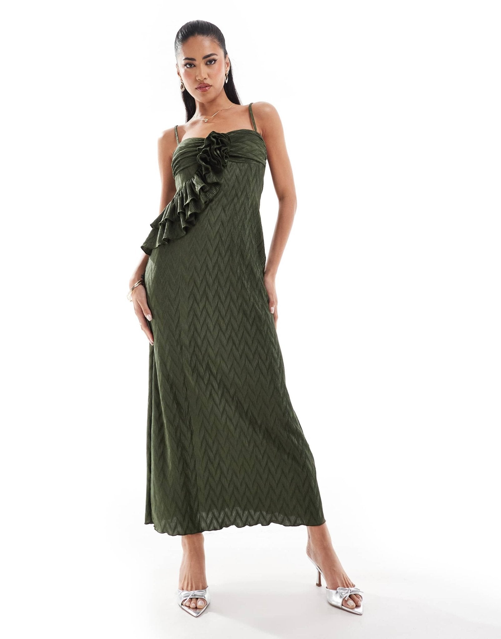 ASOS DESIGN plisse strappy frill detail midi dress with corsage in khaki - ASOS Sample Sale