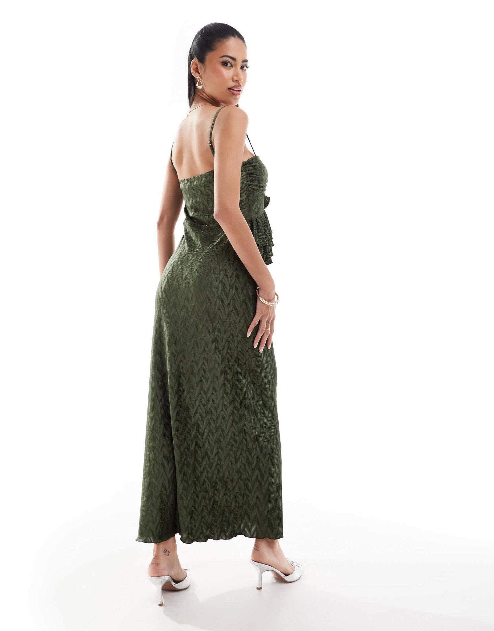 ASOS DESIGN plisse strappy frill detail midi dress with corsage in kha